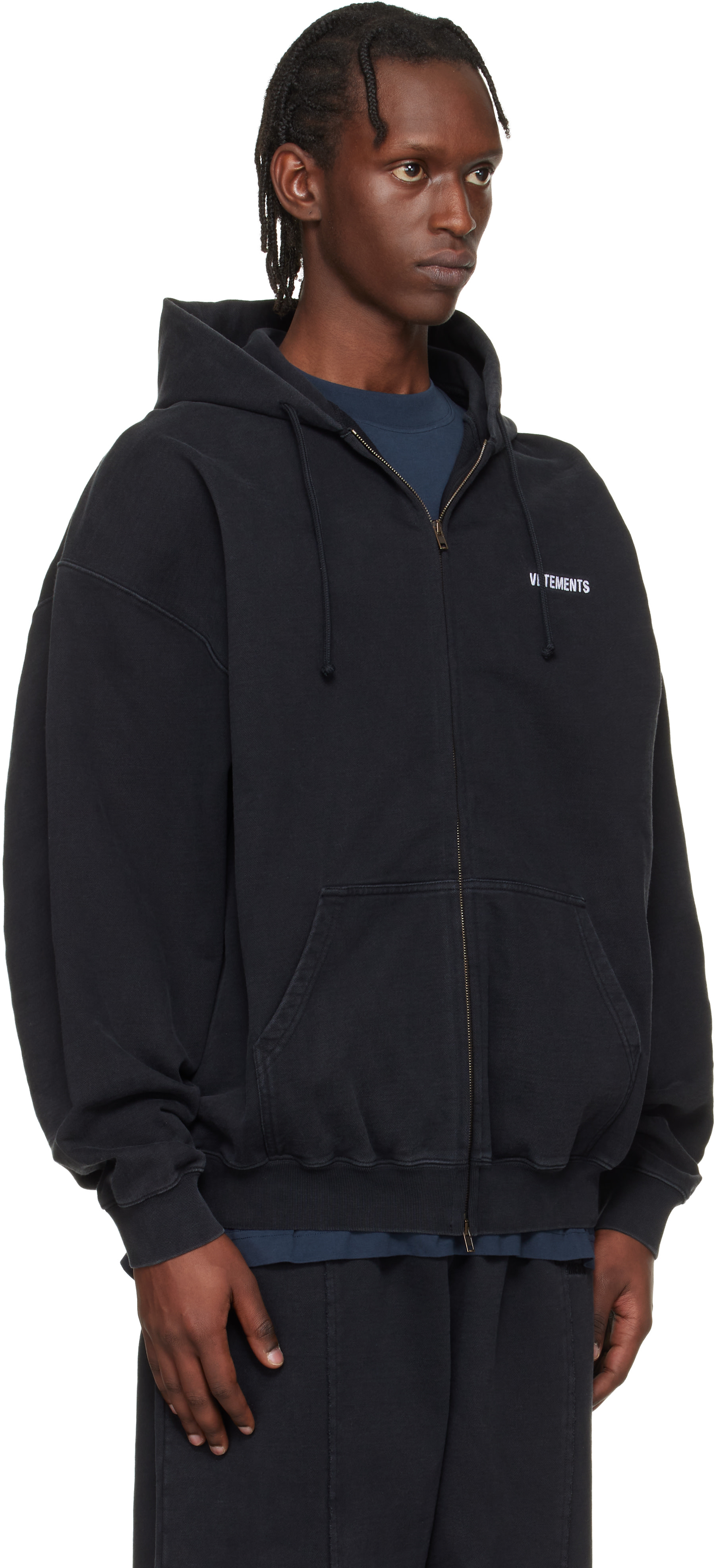 VETEMENTS - Pull à capuche noir à glissière et à logos