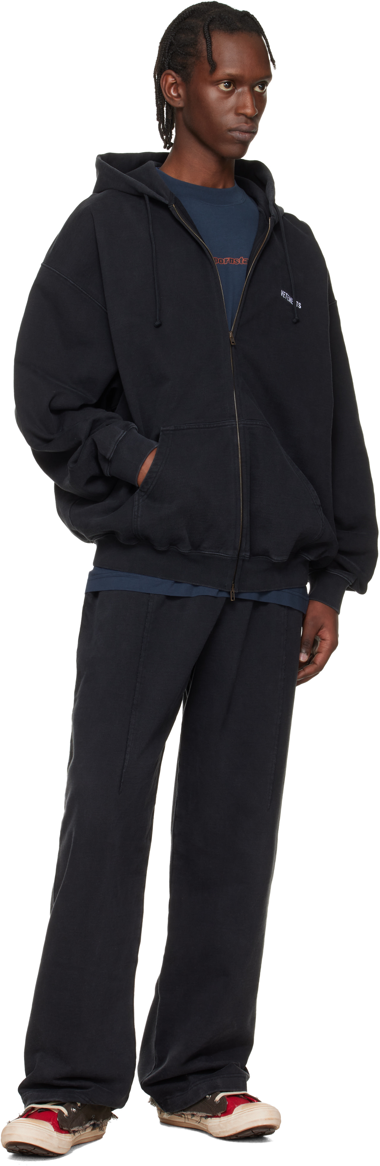 VETEMENTS - Pull à capuche noir à glissière et à logos
