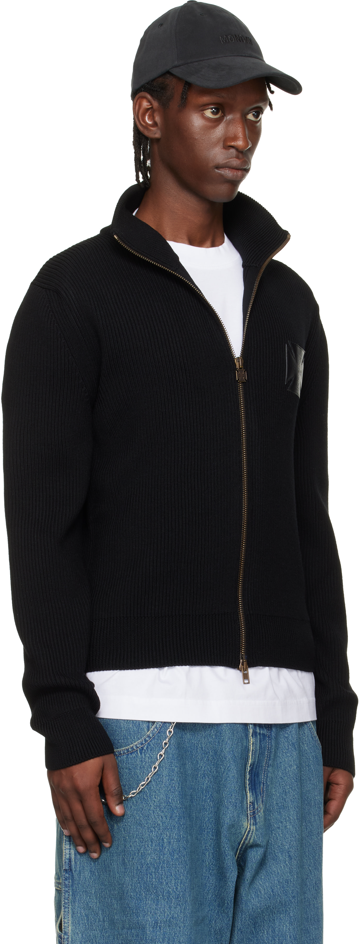 VETEMENTS: Black Leather Cross Zip-Up Sweater | SSENSE