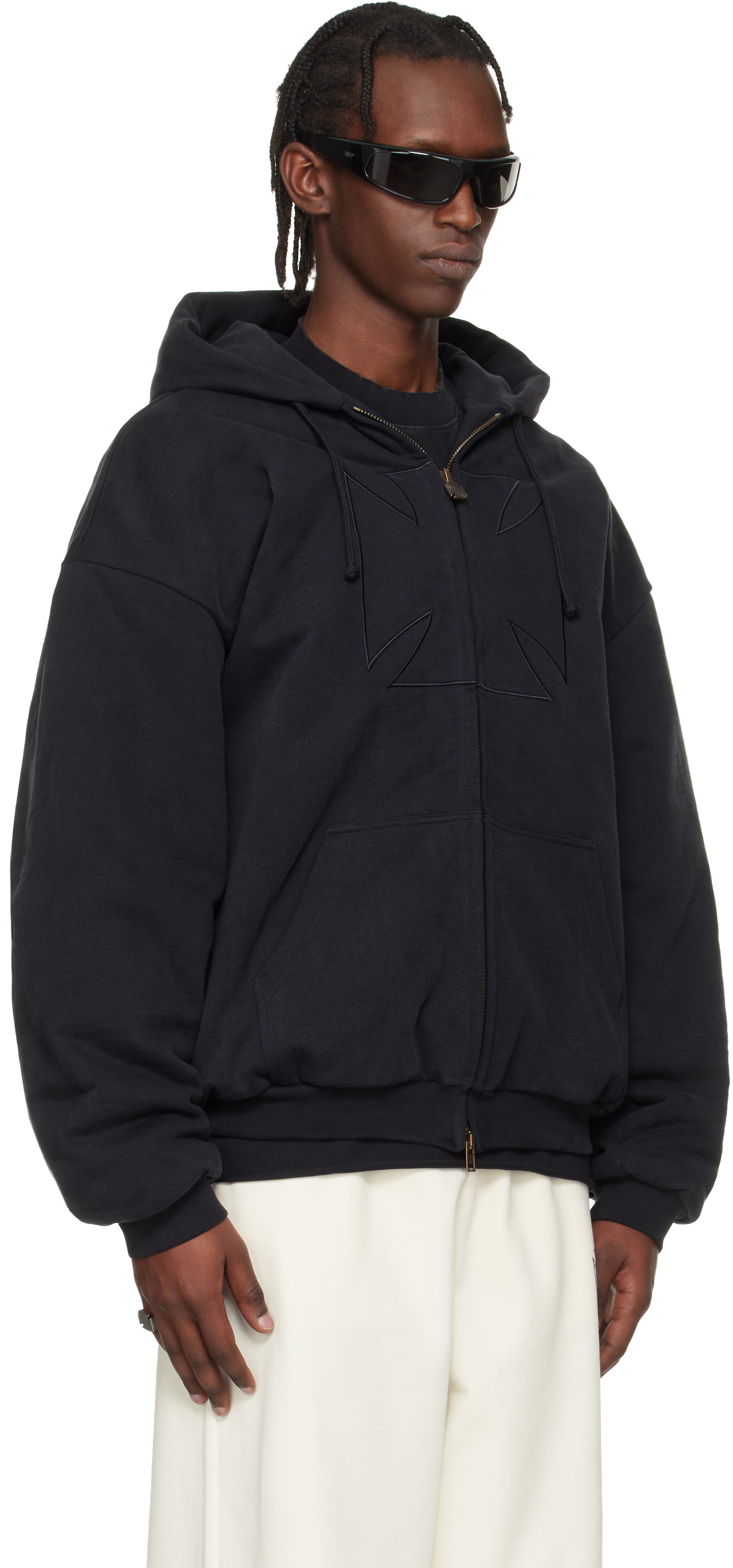 VETEMENTS: Black Embroidered Cross Padded Zip-Up Hoodie | SSENSE