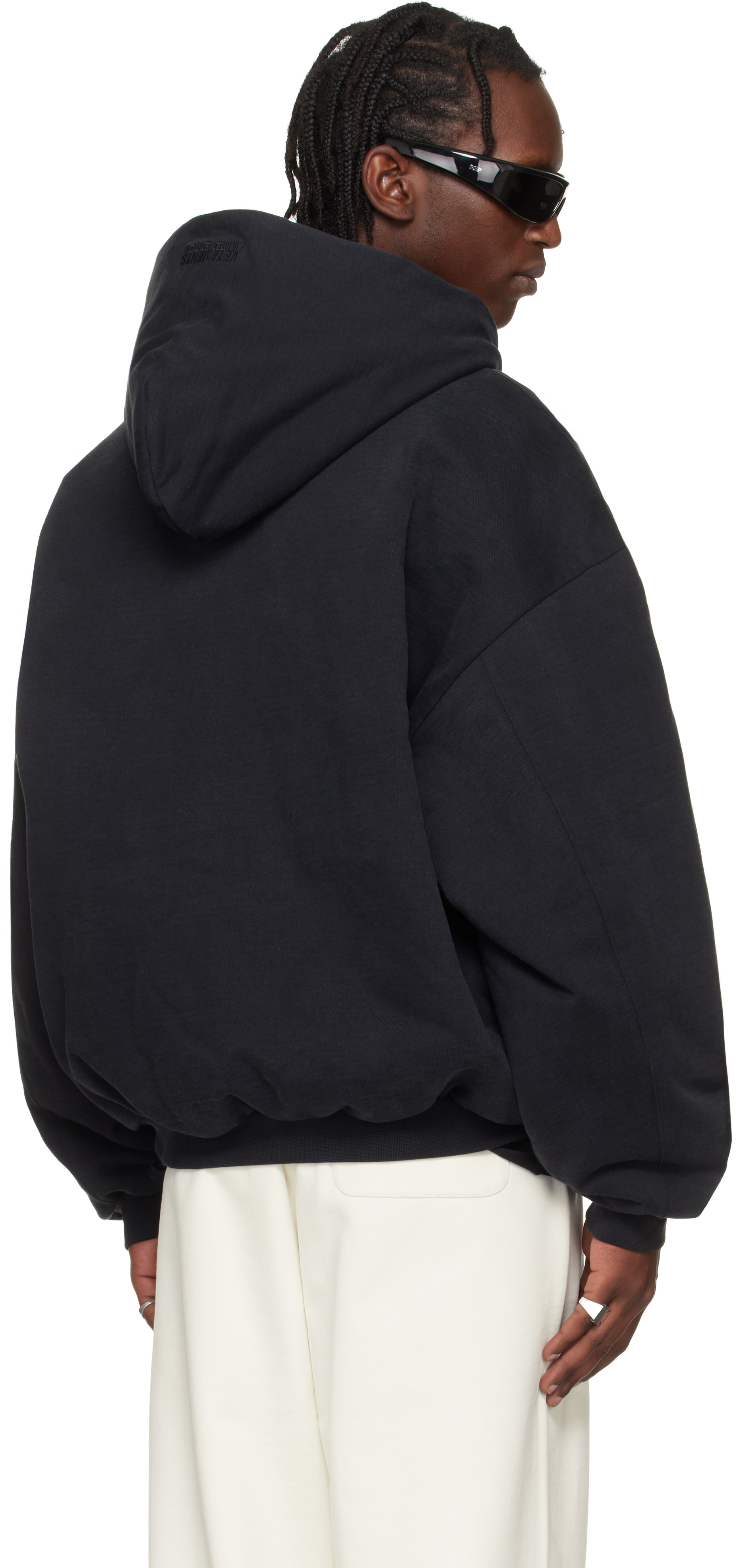 VETEMENTS: Black Embroidered Cross Padded Zip-Up Hoodie | SSENSE
