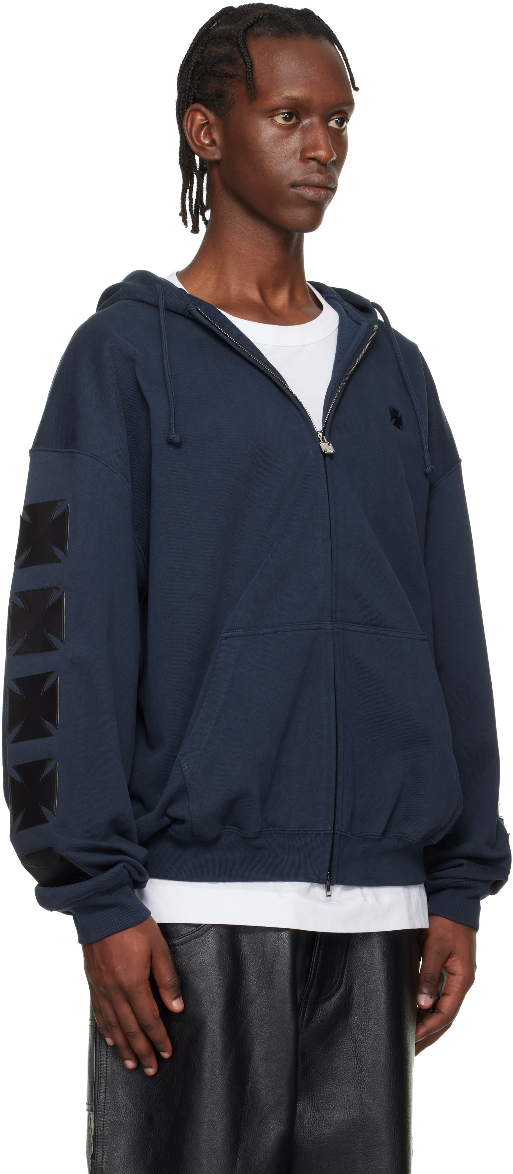 VETEMENTS: Navy Leather Biker Crosses Zip-Up Hoodie | SSENSE