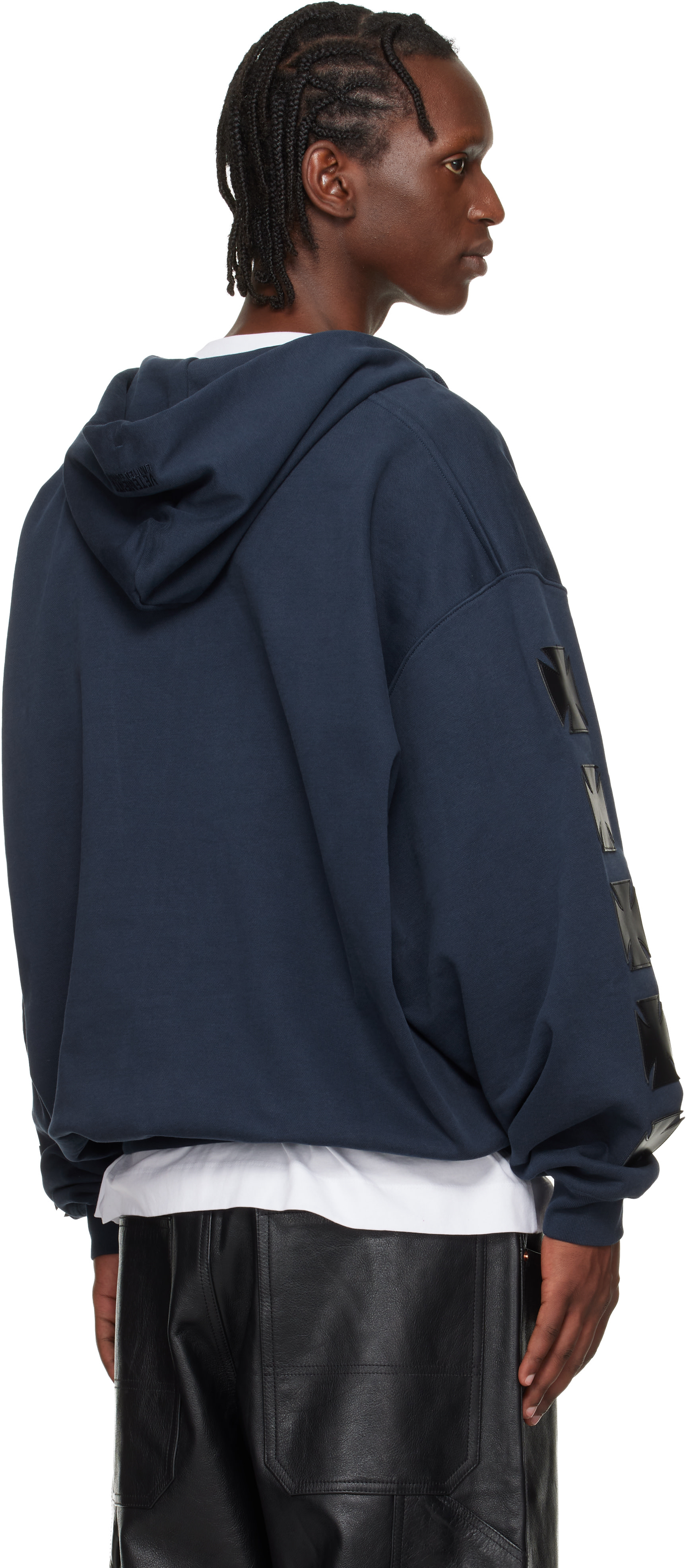 VETEMENTS: Navy Leather Biker Crosses Zip-Up Hoodie | SSENSE