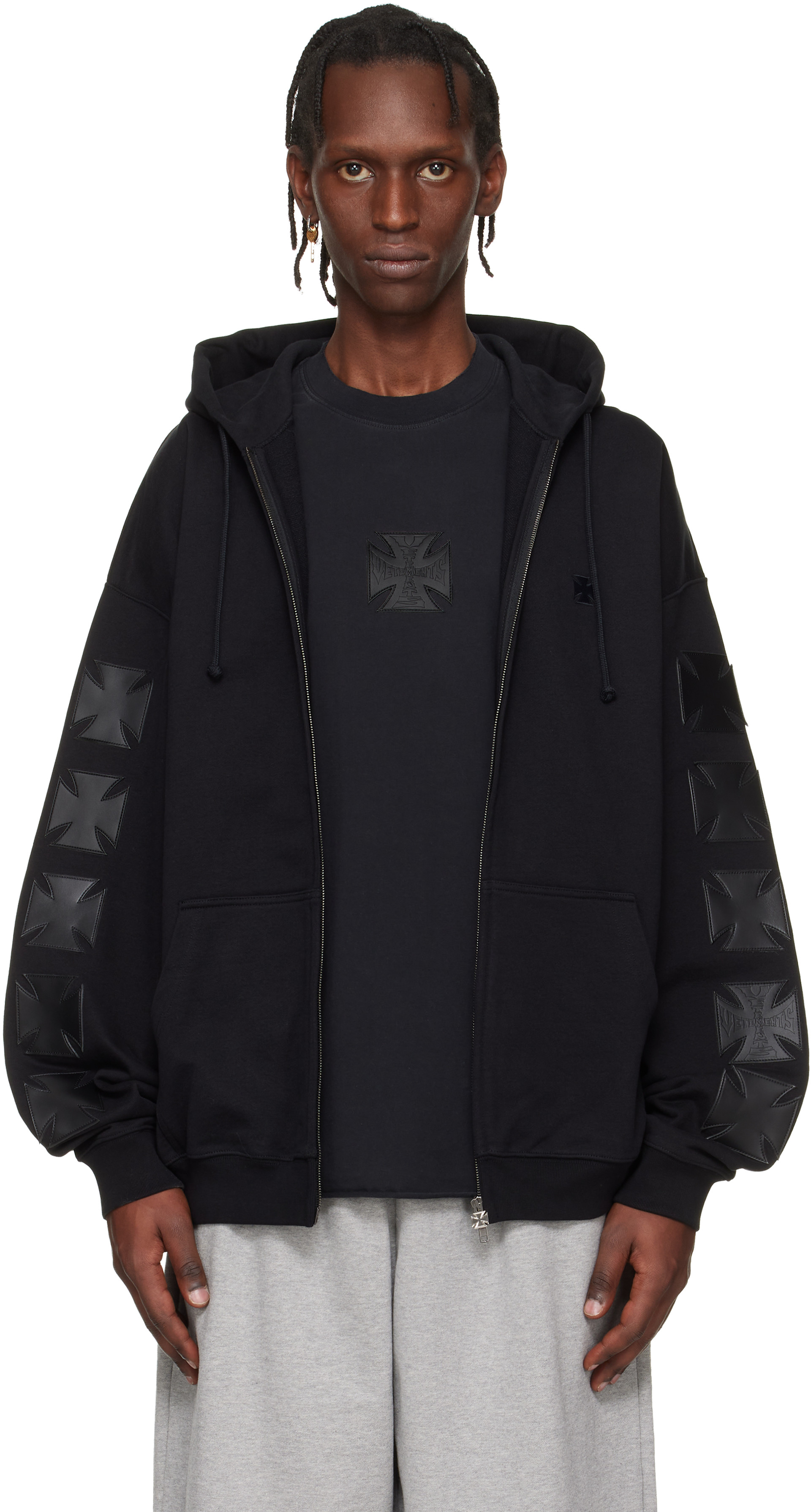 VETEMENTS: ブラック Leather Biker Cross ジップアップフーディ