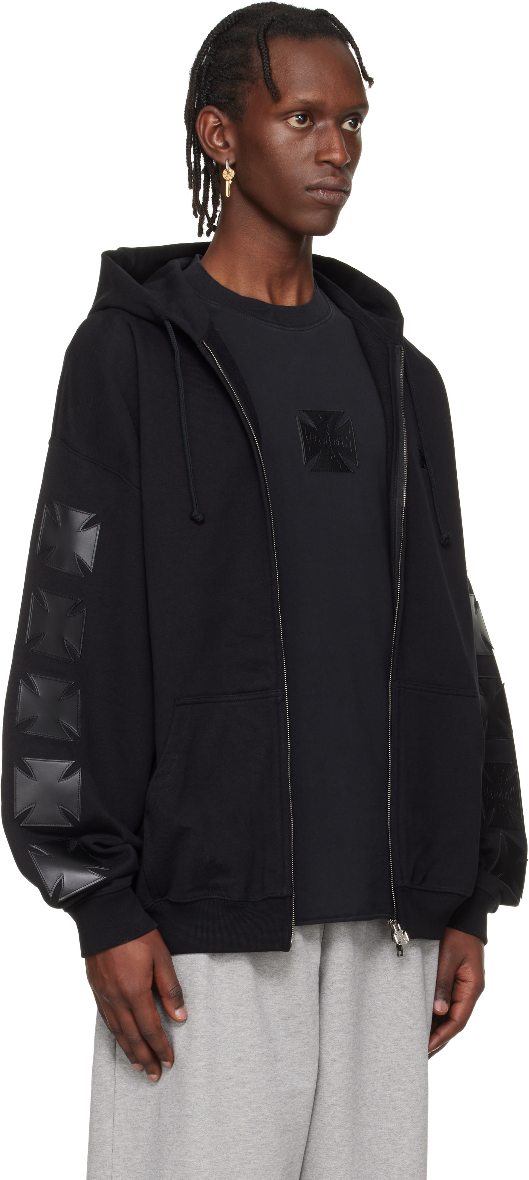 VETEMENTS: ブラック Leather Biker Cross ジップアップフーディ