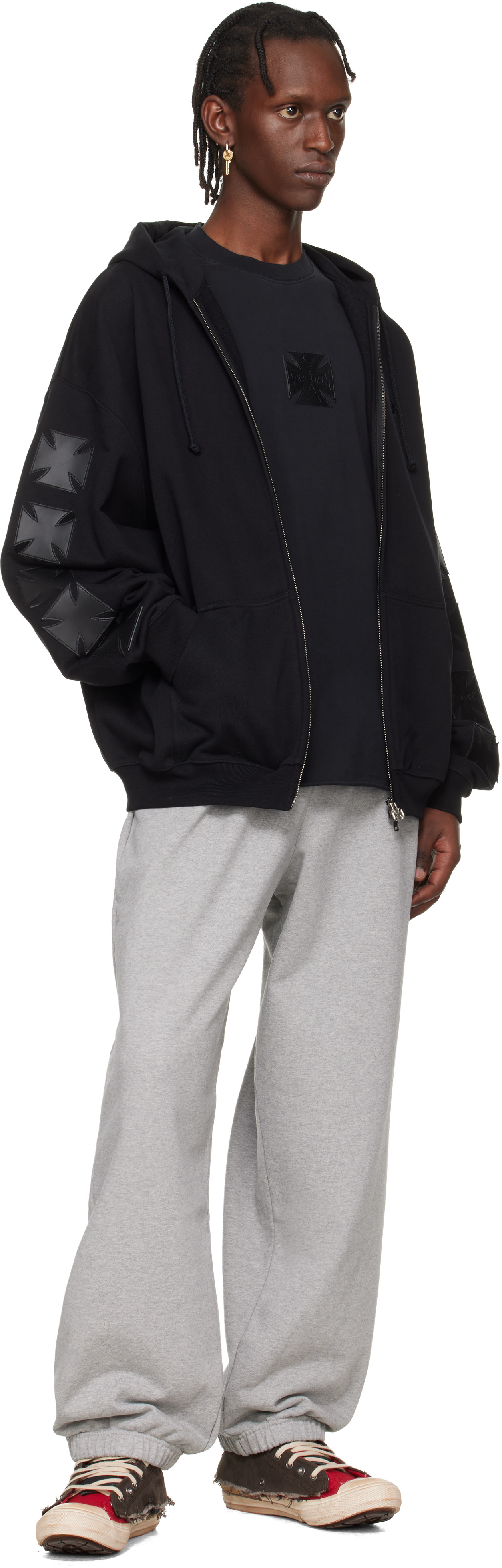 VETEMENTS: ブラック Leather Biker Cross ジップアップフーディ