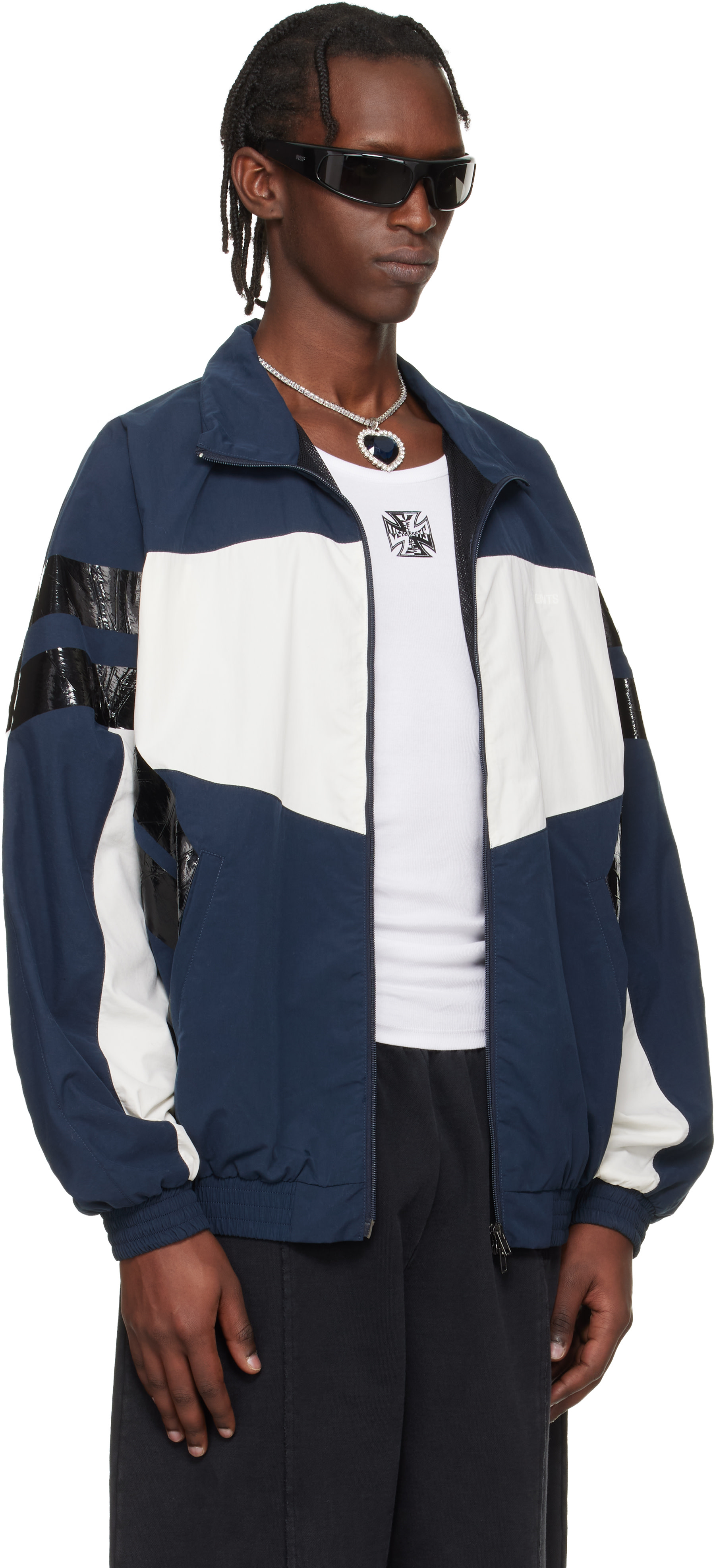 VETEMENTS: Navy & White Taped Track Jacket | SSENSE