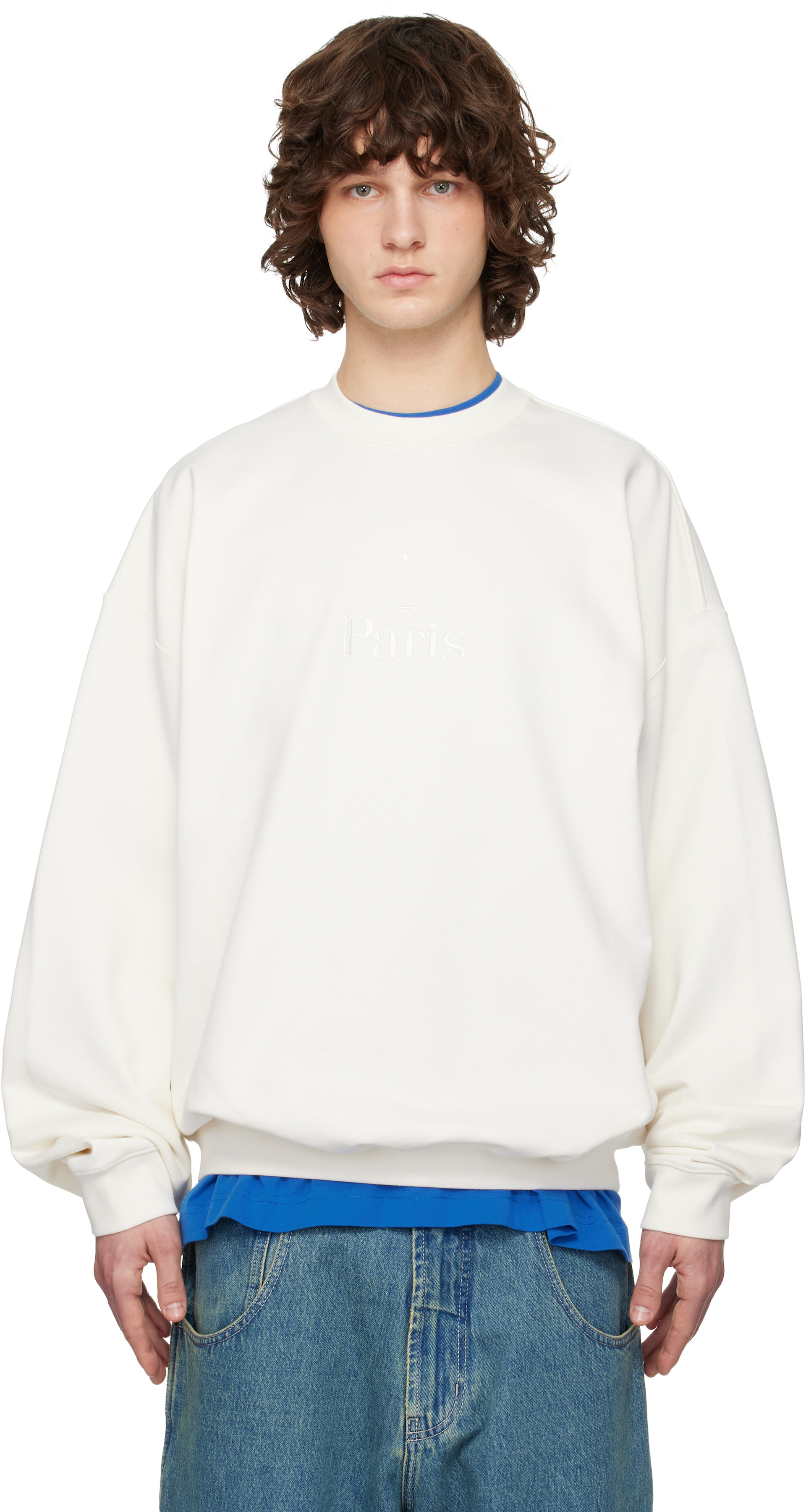 VETEMENTS - Pull molletonné blanc cassé à logo Paris brodé