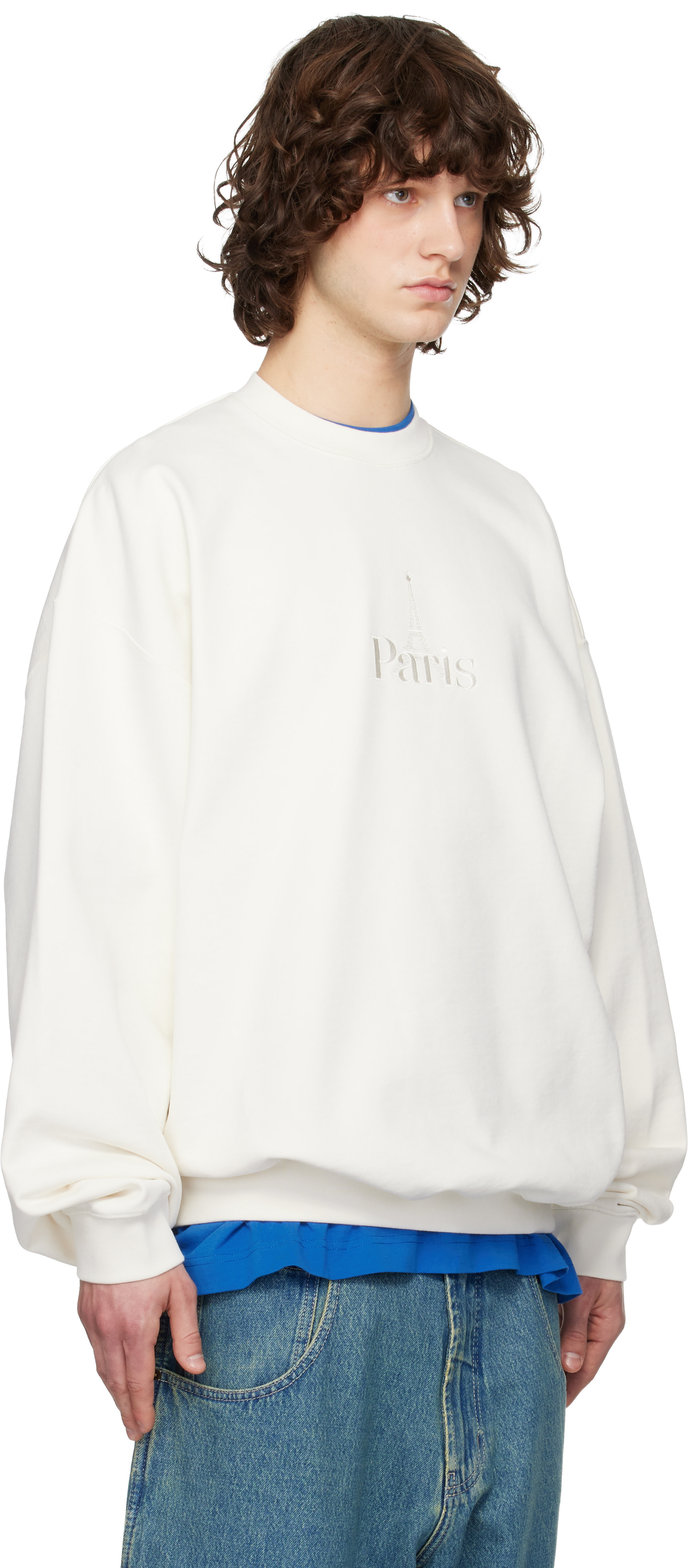 VETEMENTS - Pull molletonné blanc cassé à logo Paris brodé