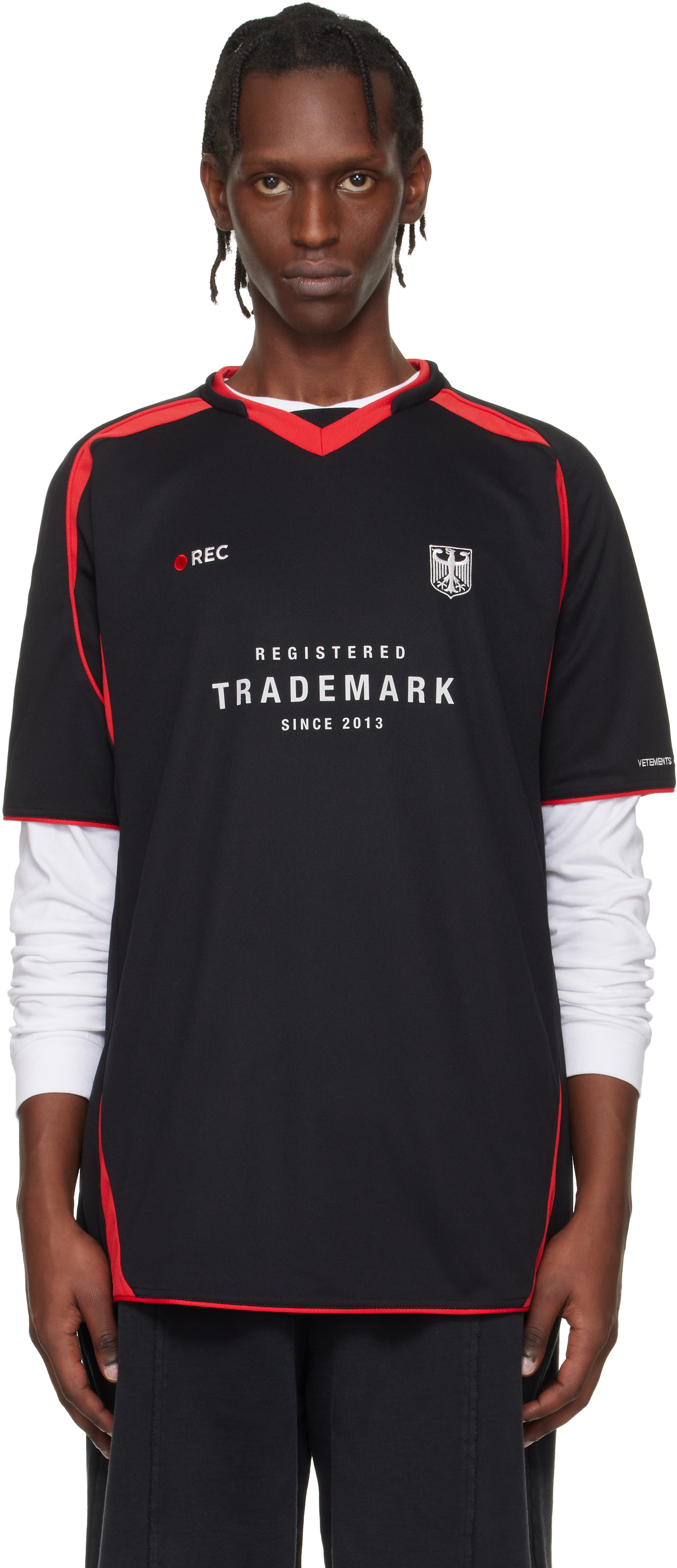 VETEMENTS: Black & Red Football Jersey | SSENSE