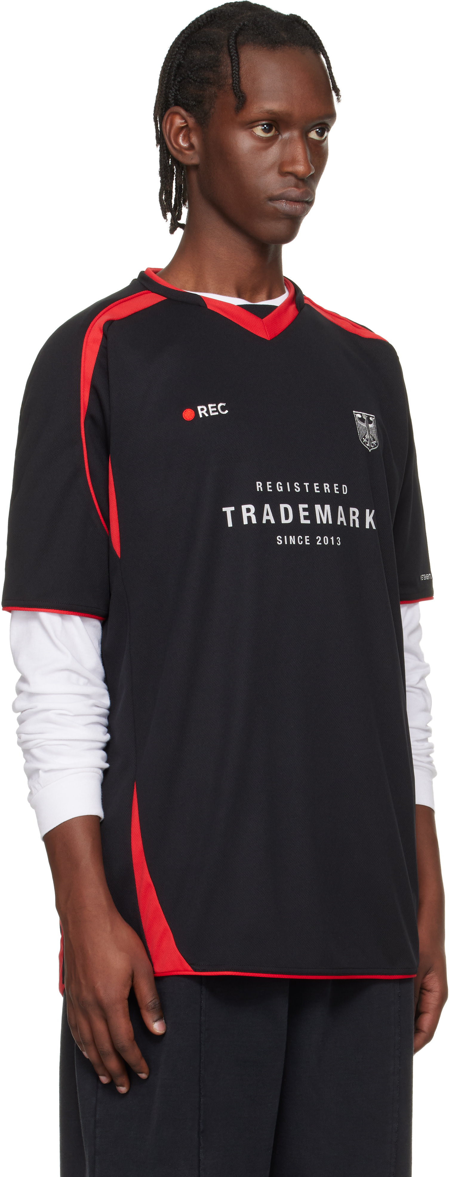 VETEMENTS: Black & Red Football Jersey | SSENSE