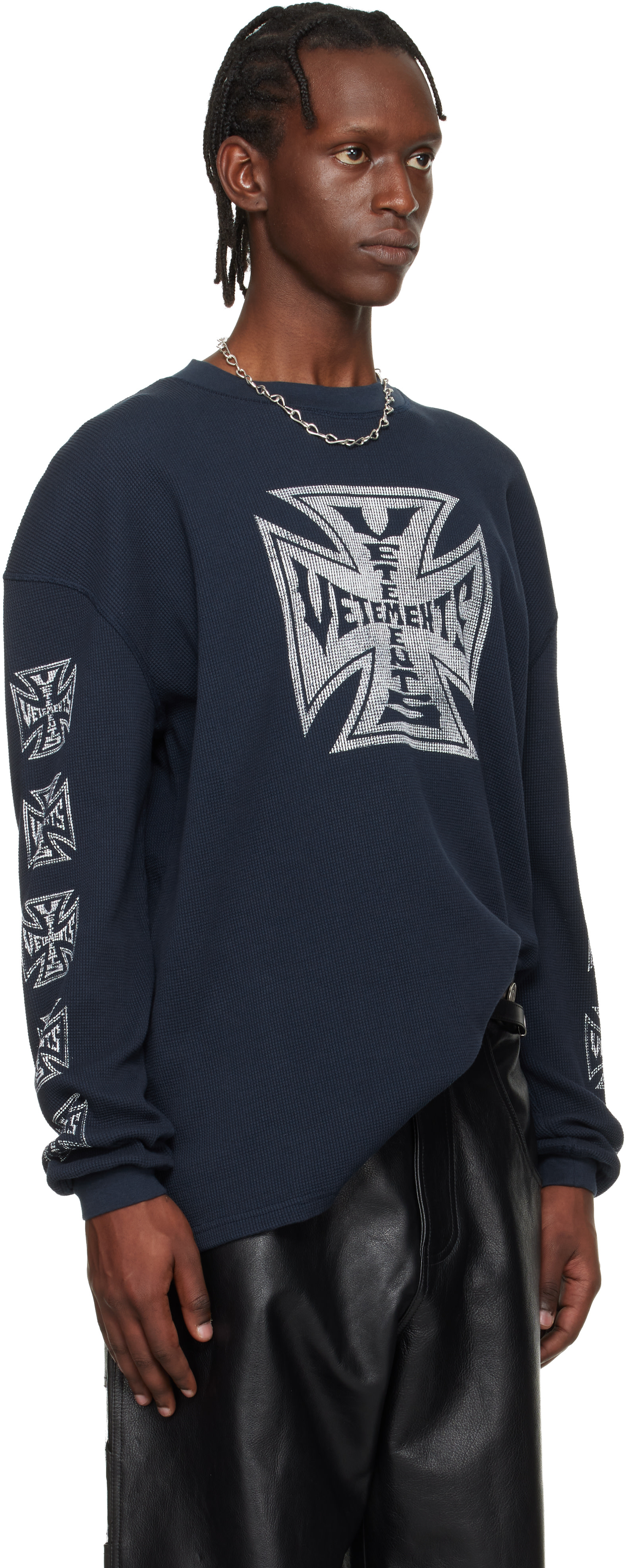 VETEMENTS: Navy Biker Cross Waffle Longsleeve T-shirt | SSENSE