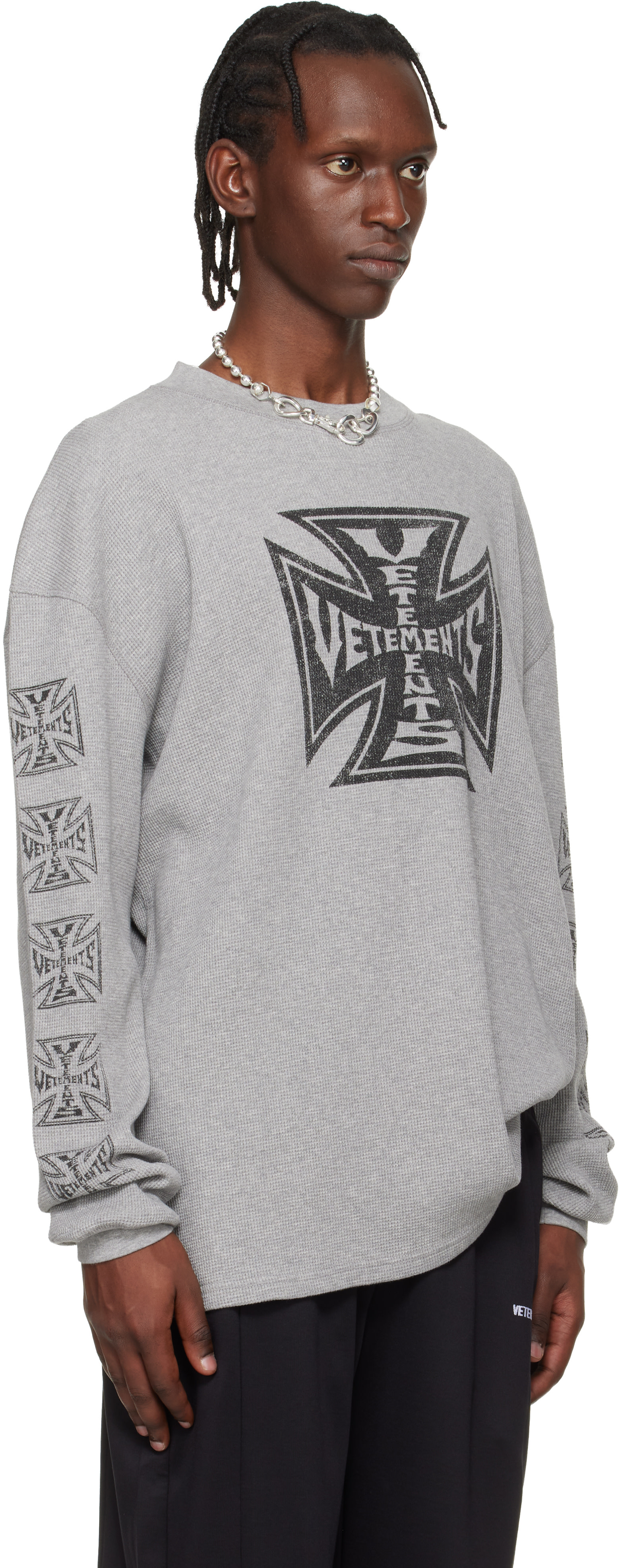 VETEMENTS: Gray Biker Cross Waffle Longsleeve T-shirt | SSENSE