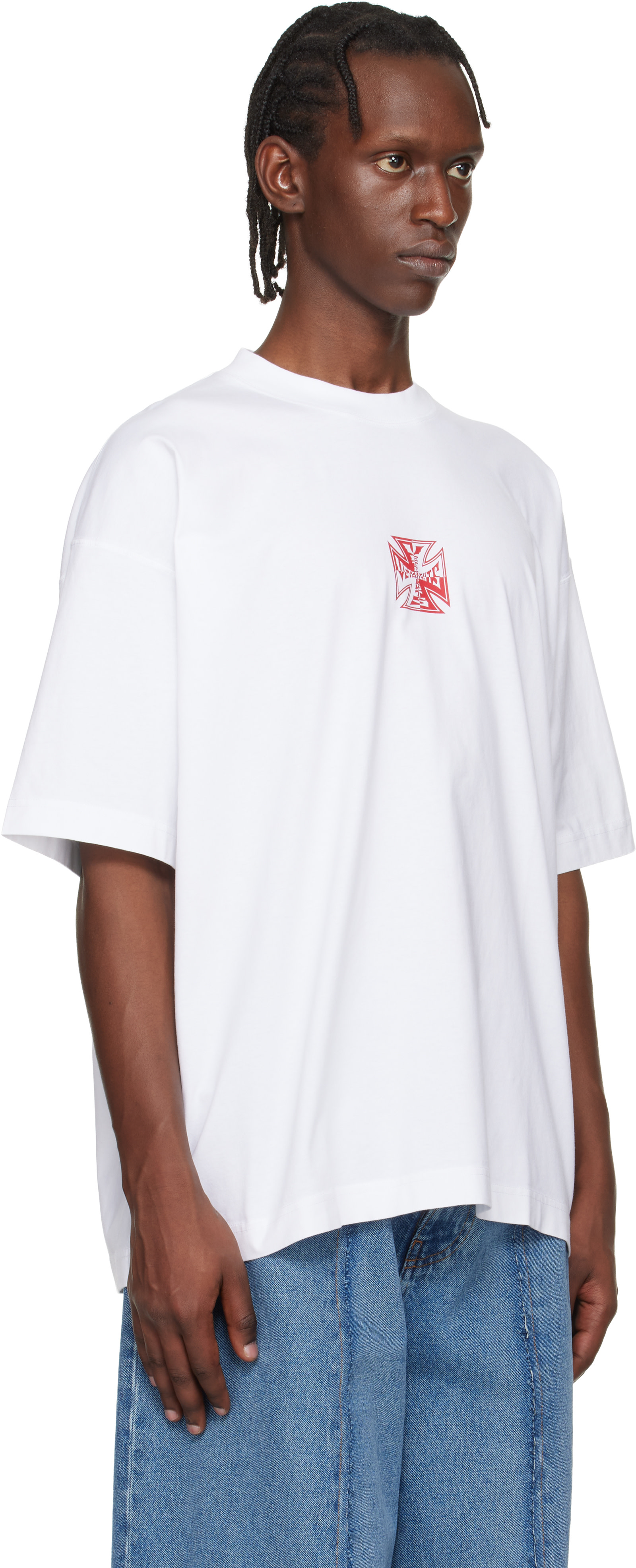 VETEMENTS: ホワイト Double Biker Cross Logo Tシャツ | SSENSE 日本