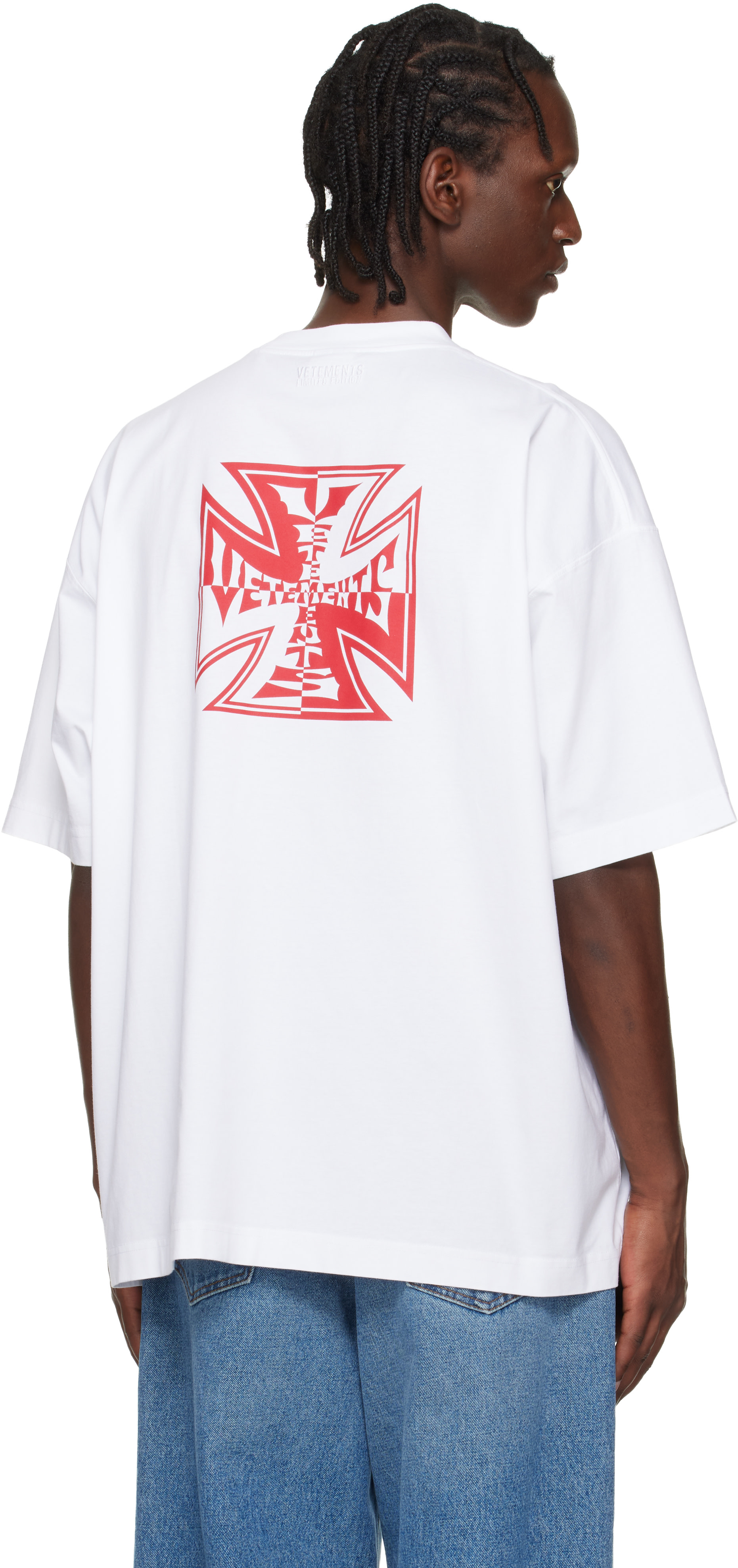 VETEMENTS: ホワイト Double Biker Cross Logo Tシャツ | SSENSE 日本