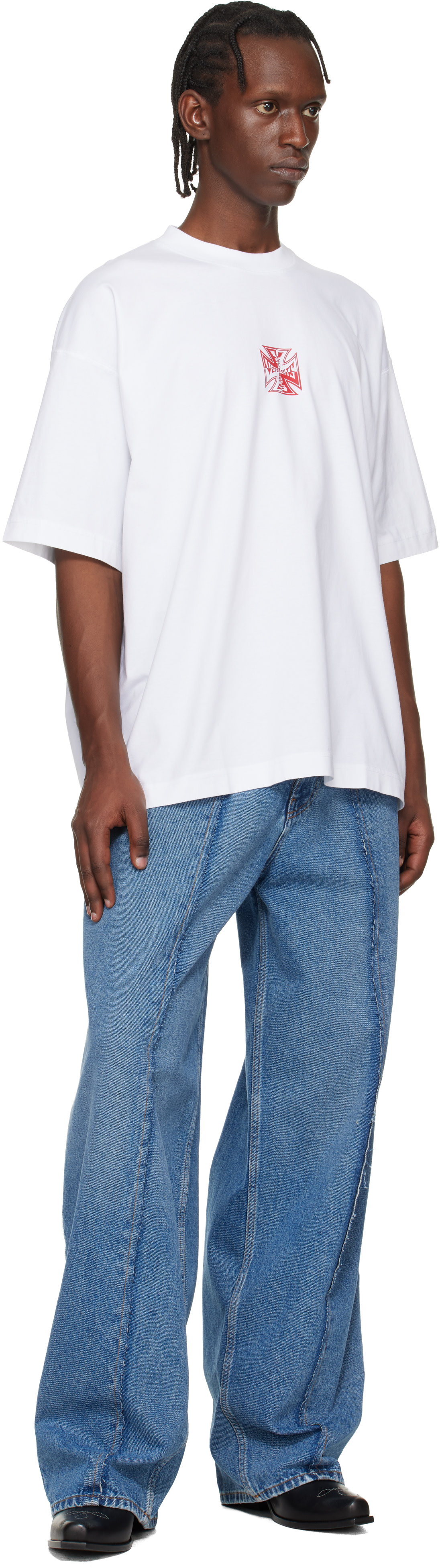 VETEMENTS: ホワイト Double Biker Cross Logo Tシャツ | SSENSE 日本