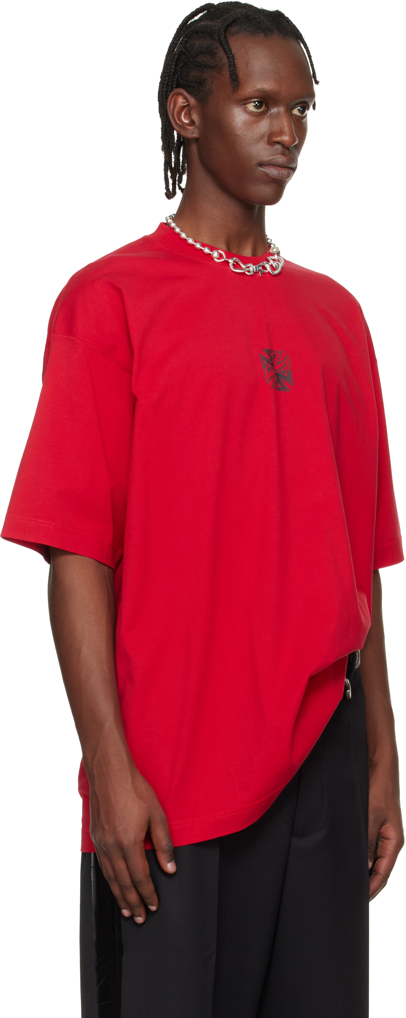 VETEMENTS: Red Biker Cross Logo T-shirt | SSENSE