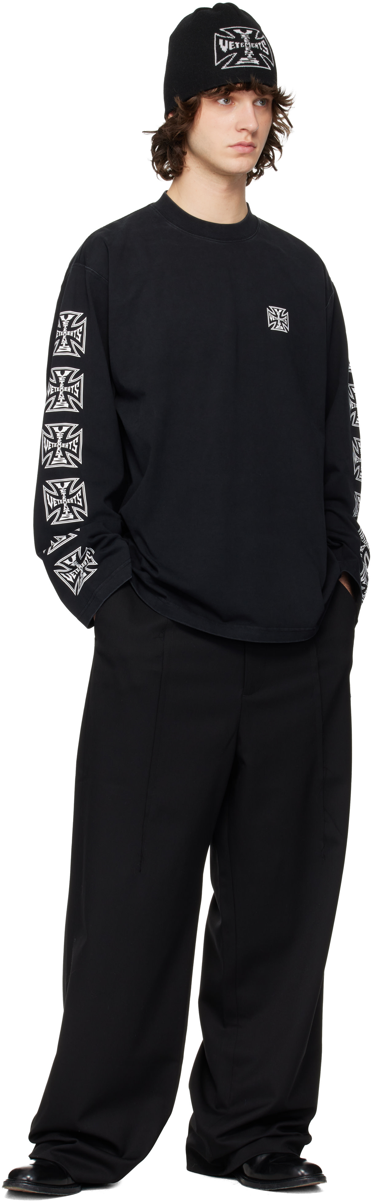 VETEMENTS: Black Biker Cross Sleeves Longsleeve T-shirt | SSENSE