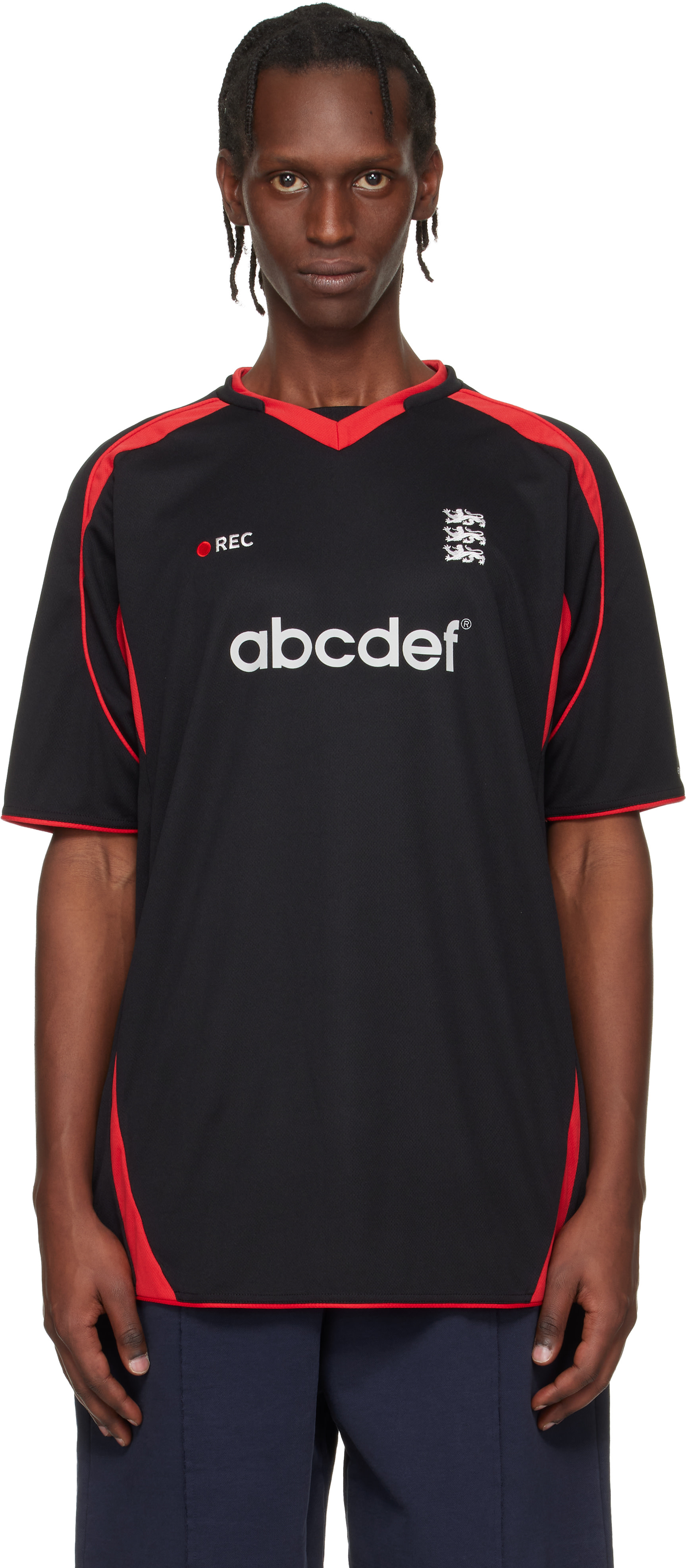 VETEMENTS: Black & Red Alphabet Football Jersey | SSENSE
