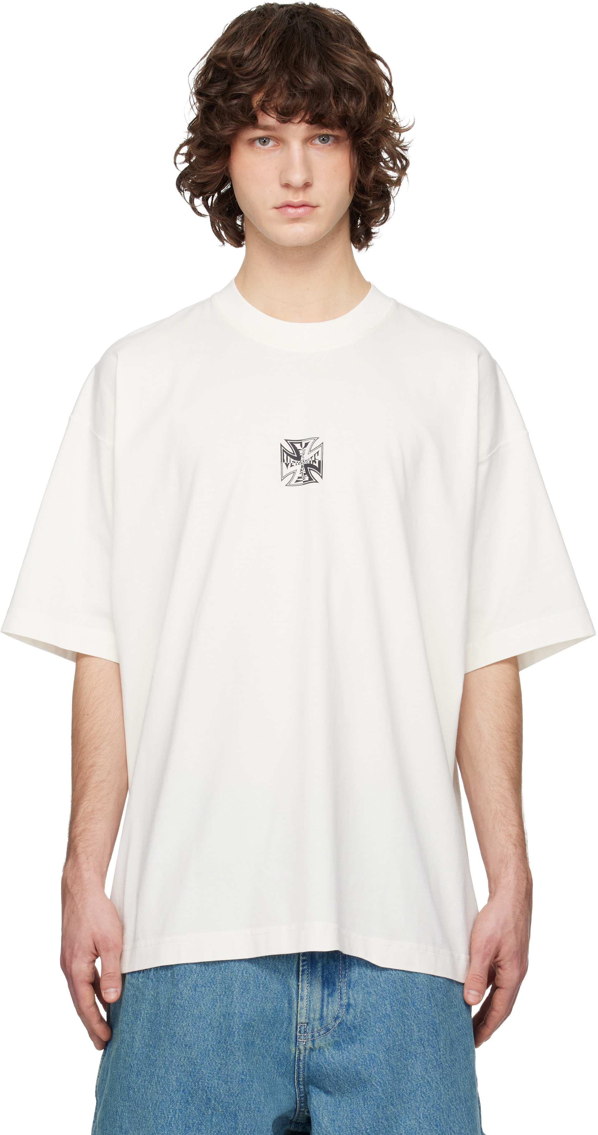 VETEMENTS: Off-White Biker Cross Logo T-shirt | SSENSE United Kingdom
