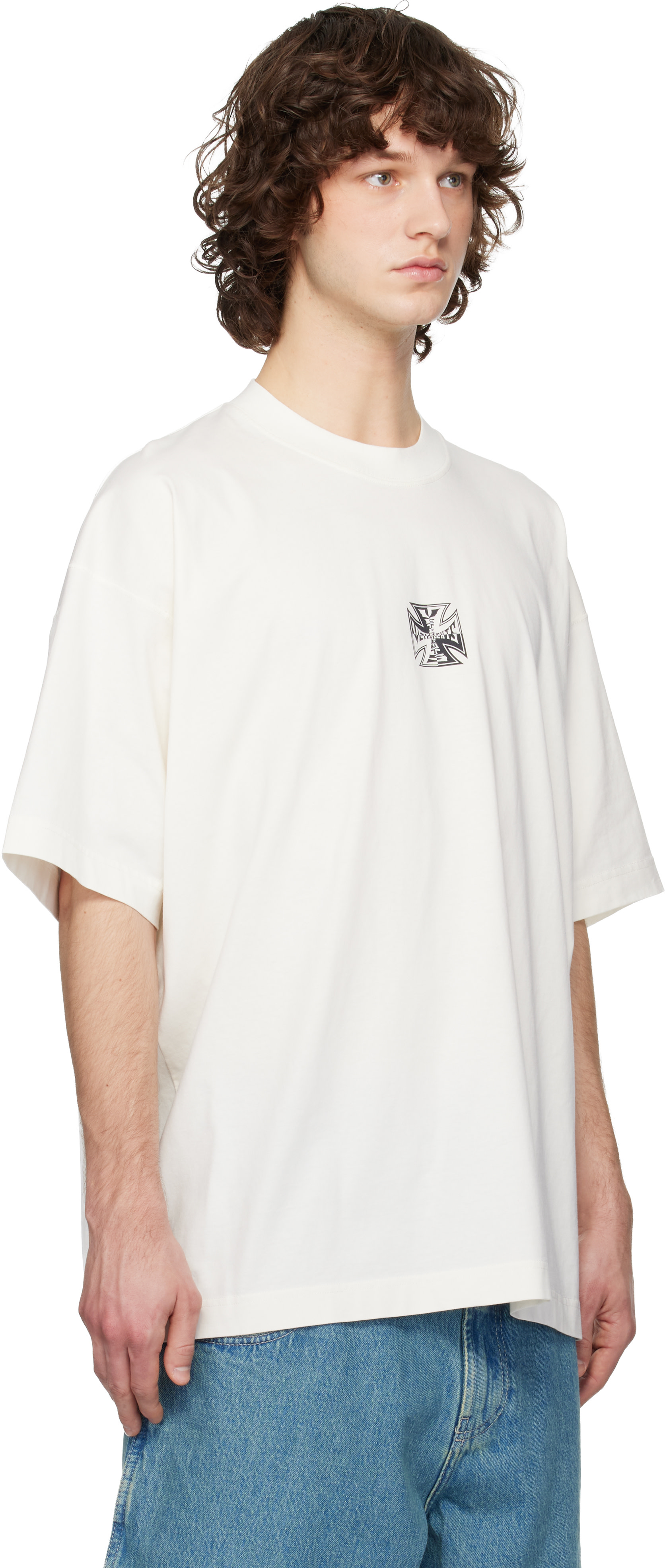 VETEMENTS: Off-White Biker Cross Logo T-shirt | SSENSE