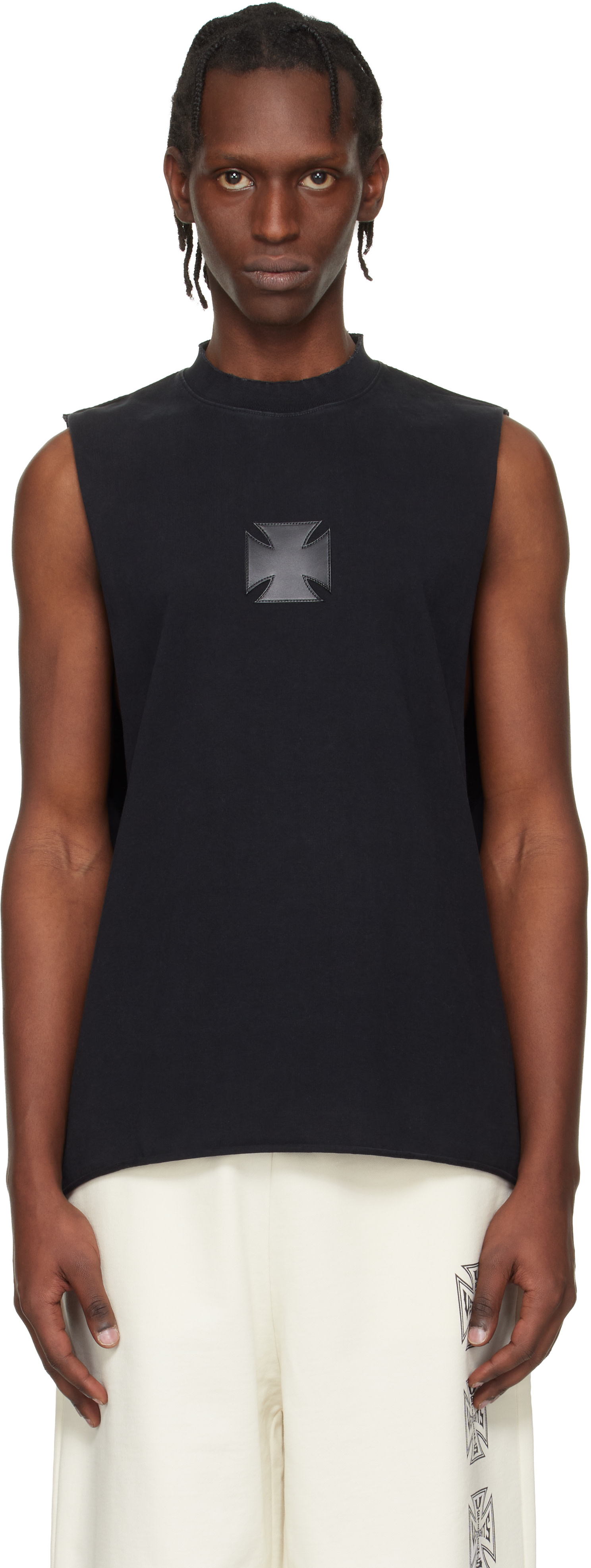 VETEMENTS: Black Biker Logo Leather Cross Interlock Tank Top | SSENSE