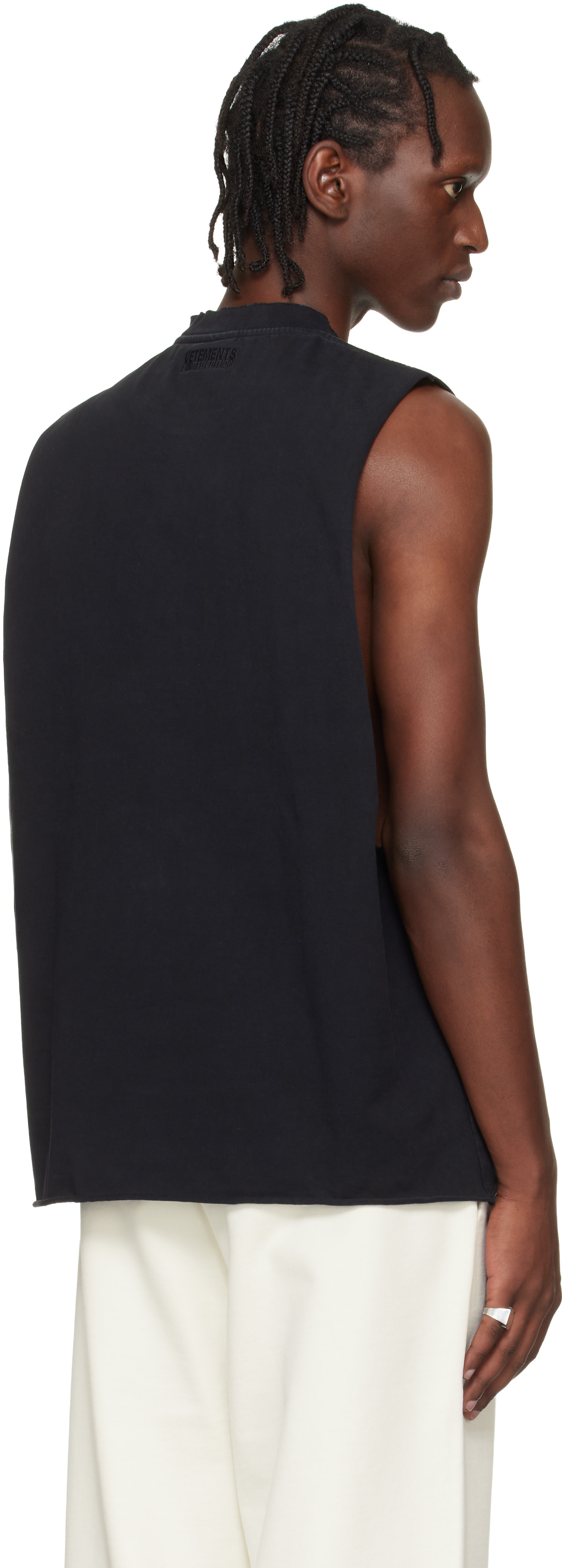 VETEMENTS: Black Biker Logo Leather Cross Interlock Tank Top | SSENSE