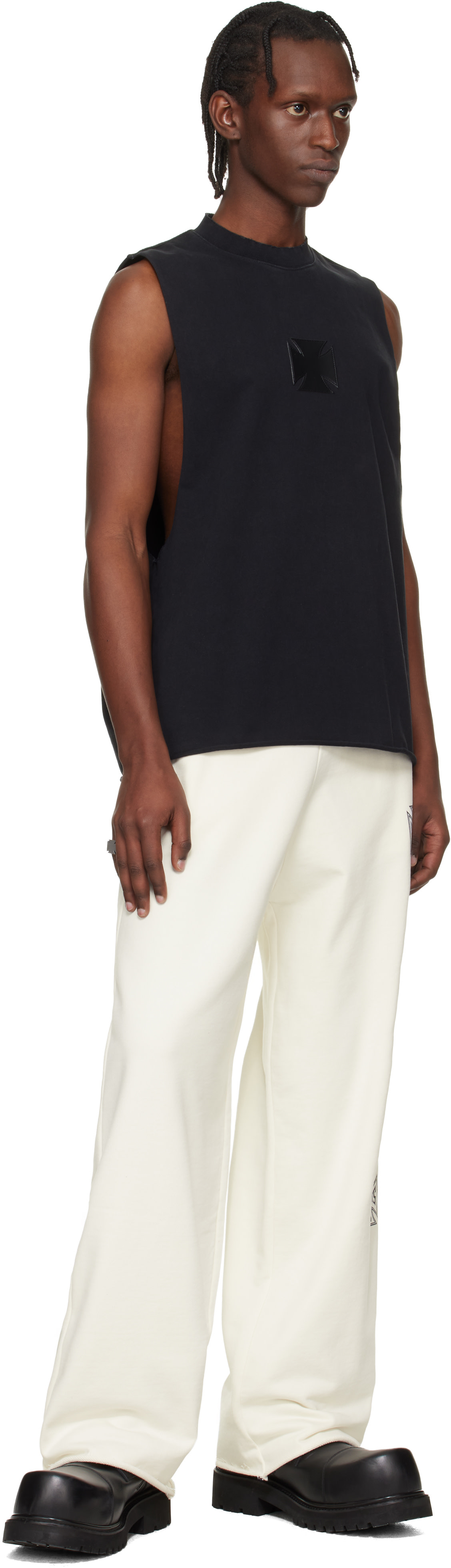VETEMENTS: Black Biker Logo Leather Cross Interlock Tank Top | SSENSE