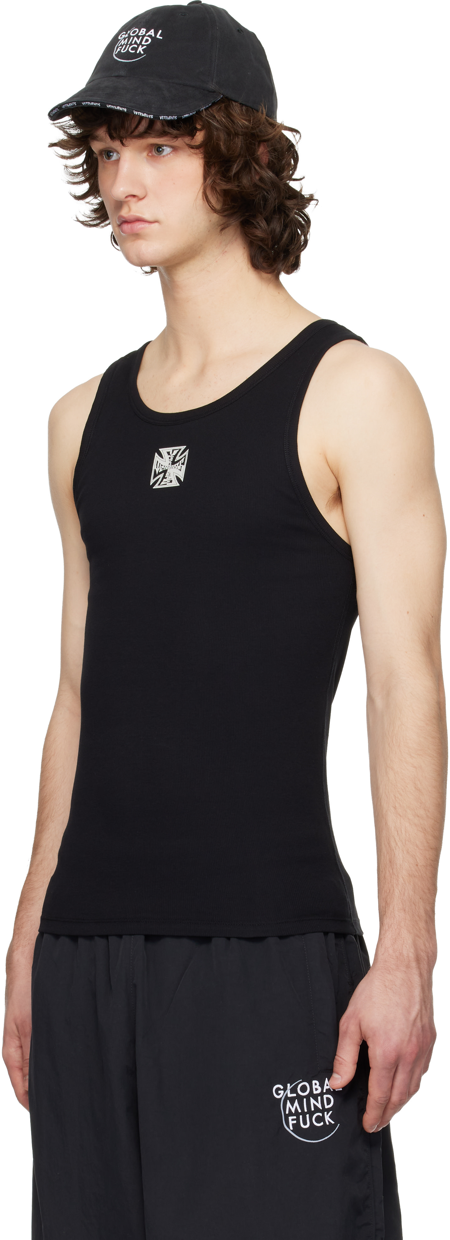 トップス BEEDEN EYELET BACK PRINT TANK Black VETEMENTS: Black Biker Cross Logo Tank Top | SSENSE