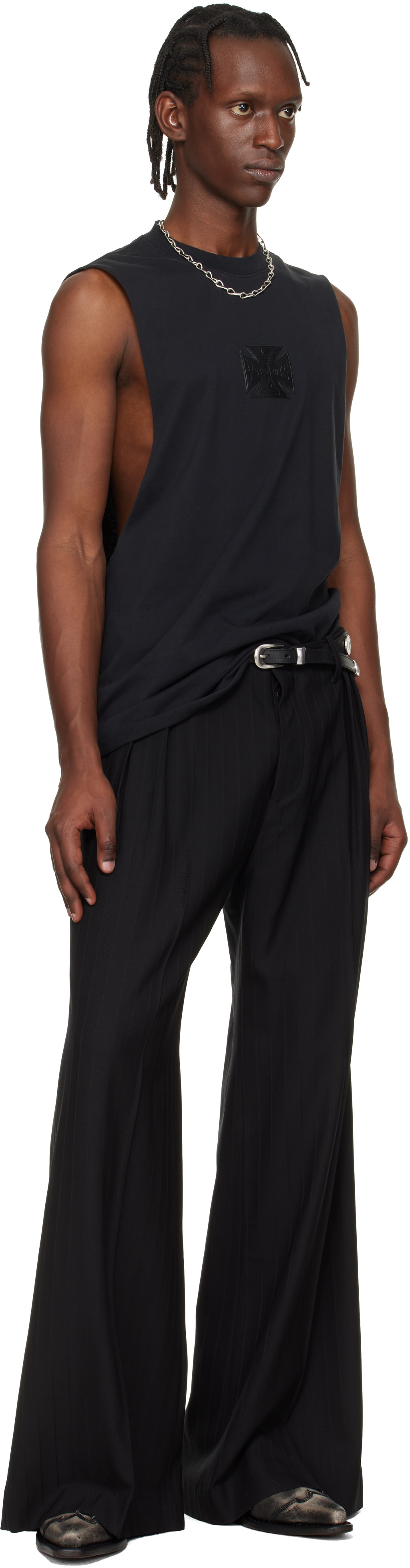 VETEMENTS: Black Biker Leather Cross Jersey Muscle Top | SSENSE