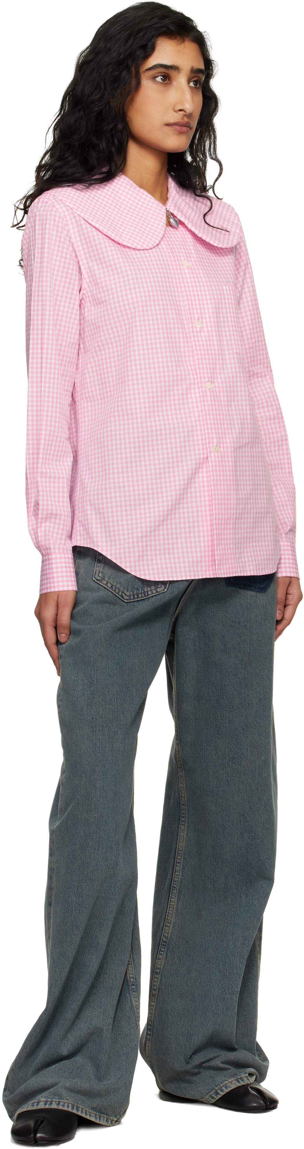 COMME des GARÇONS GIRL チェックシャツ S 試着のみ Comme des Garçons Girl: Pink & White Cotton Poplin Gingham Check