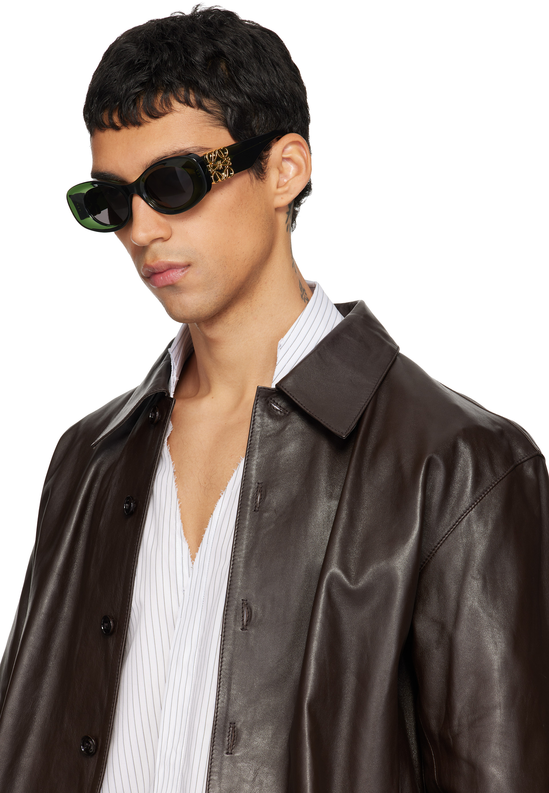 LOEWE テラ ウェッジ クロッグ(オリーブ) LOEWE: Green Beveled Oval Maxi Anagram Sunglasses | SSENSE