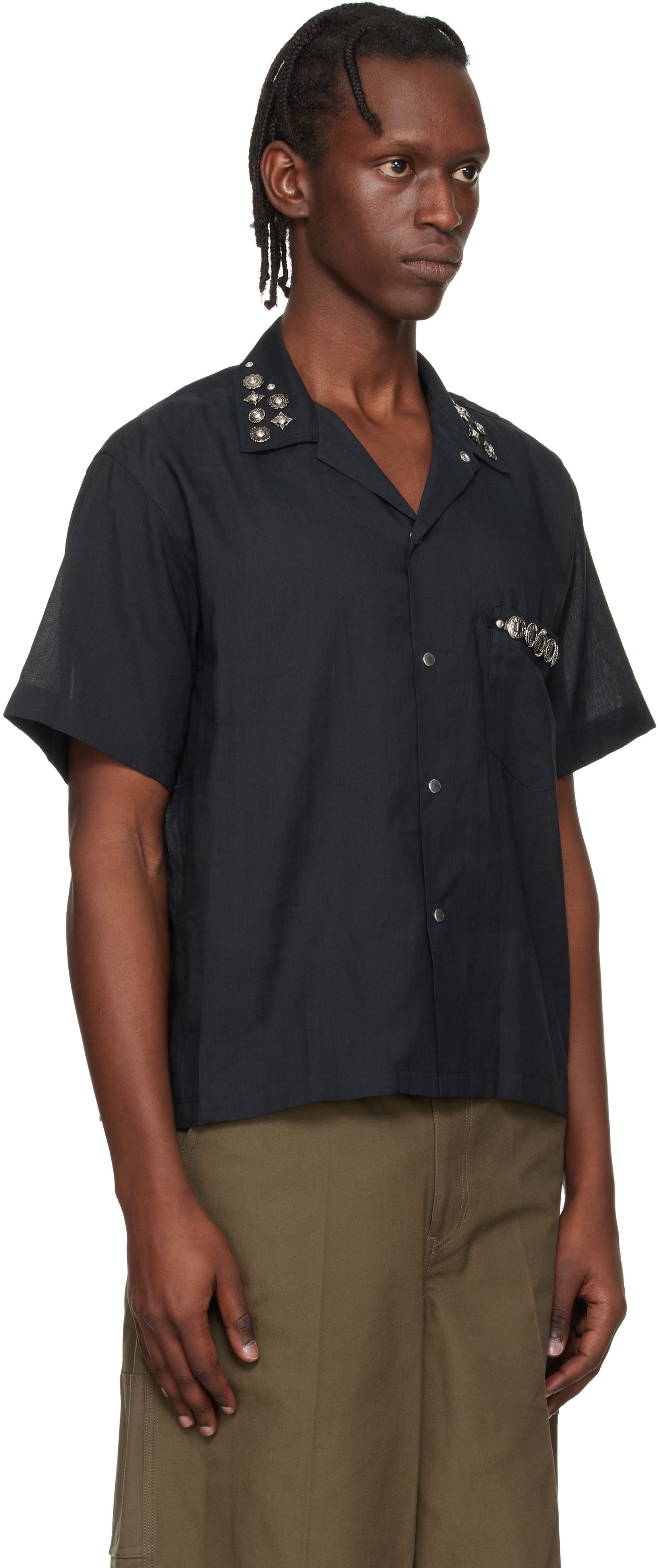Toga Virilis: Black Plain Weave Metal S/S Shirt | SSENSE