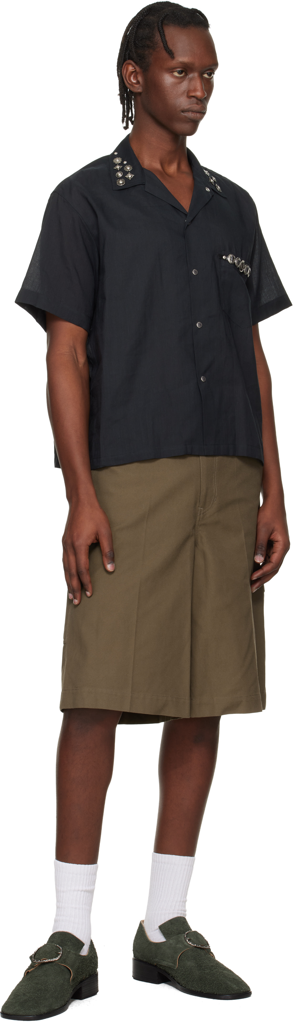 Toga Virilis: Black Plain Weave Metal S/S Shirt | SSENSE