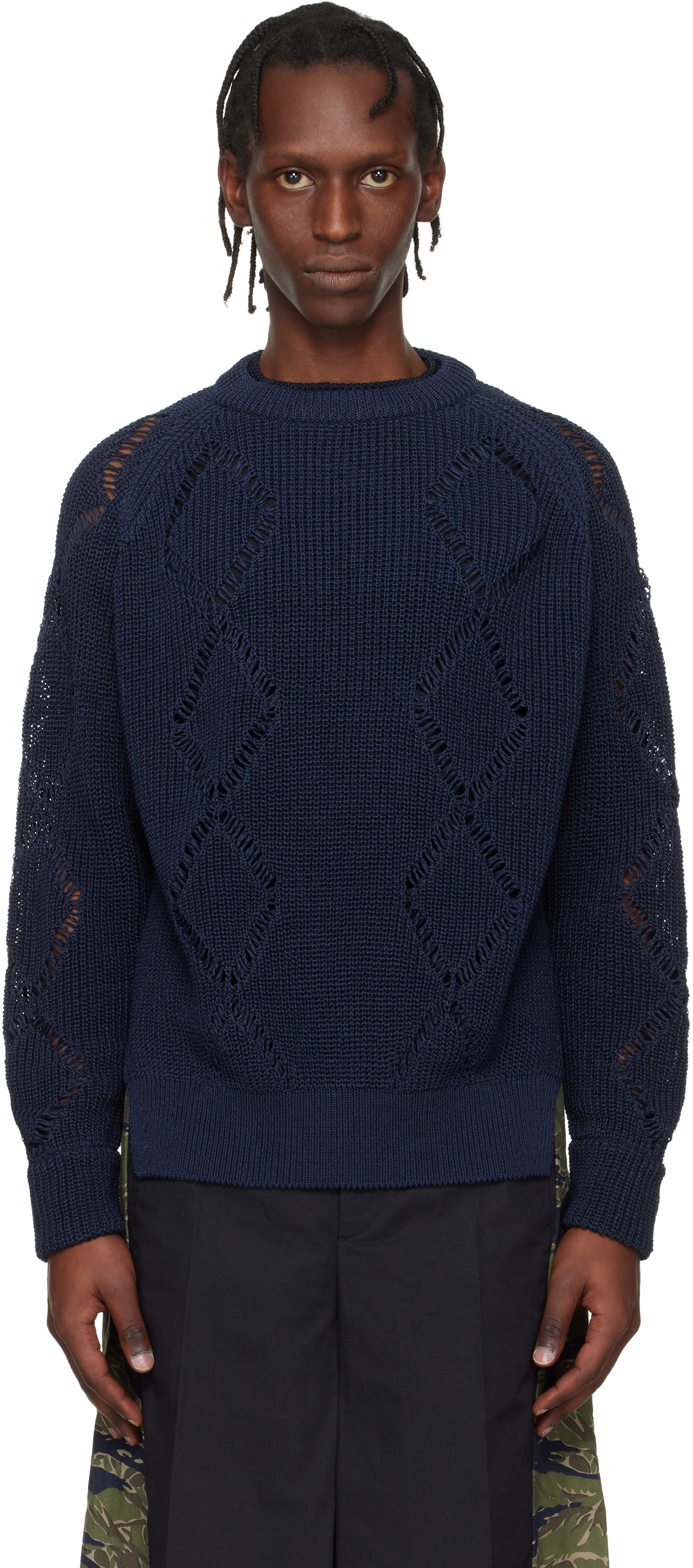 希少 TOGA VIRILIS Slit knit cardigan(NAVY) Toga Virilis: Navy Motif Knit Pullover Sweater | SSENSE