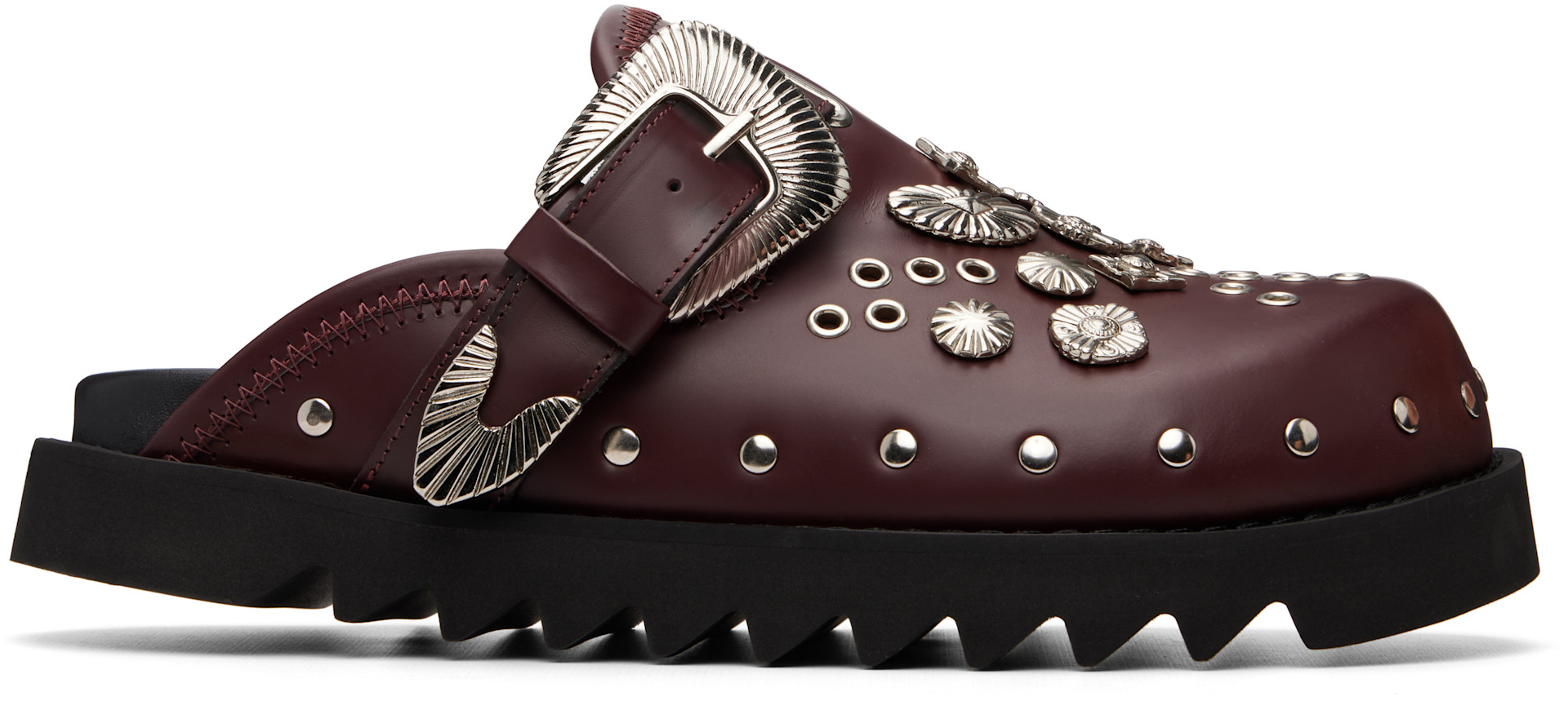 Toga Virilis: SSENSE Exclusive Burgundy Eyelet Metal Sabot Slip-on