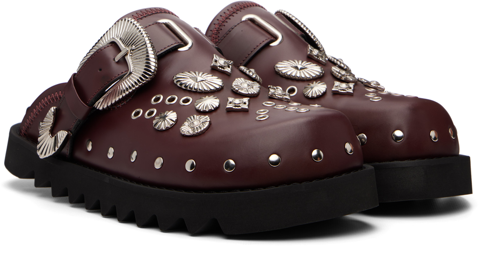 Toga Virilis: SSENSE Exclusive Burgundy Eyelet Metal Sabot Slip-on