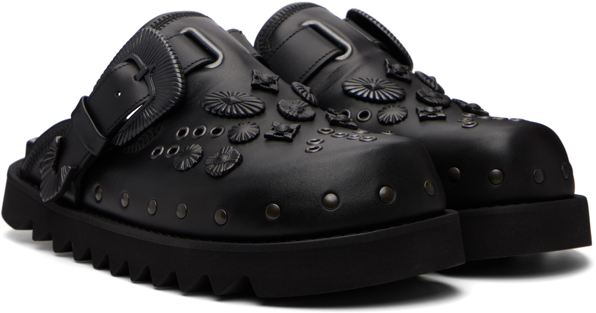 靴 TOGA VIRILIS EYELET L SABOT 41 Toga Virilis: SSENSE Exclusive Black Eyelet Metal Sabot Slip-on