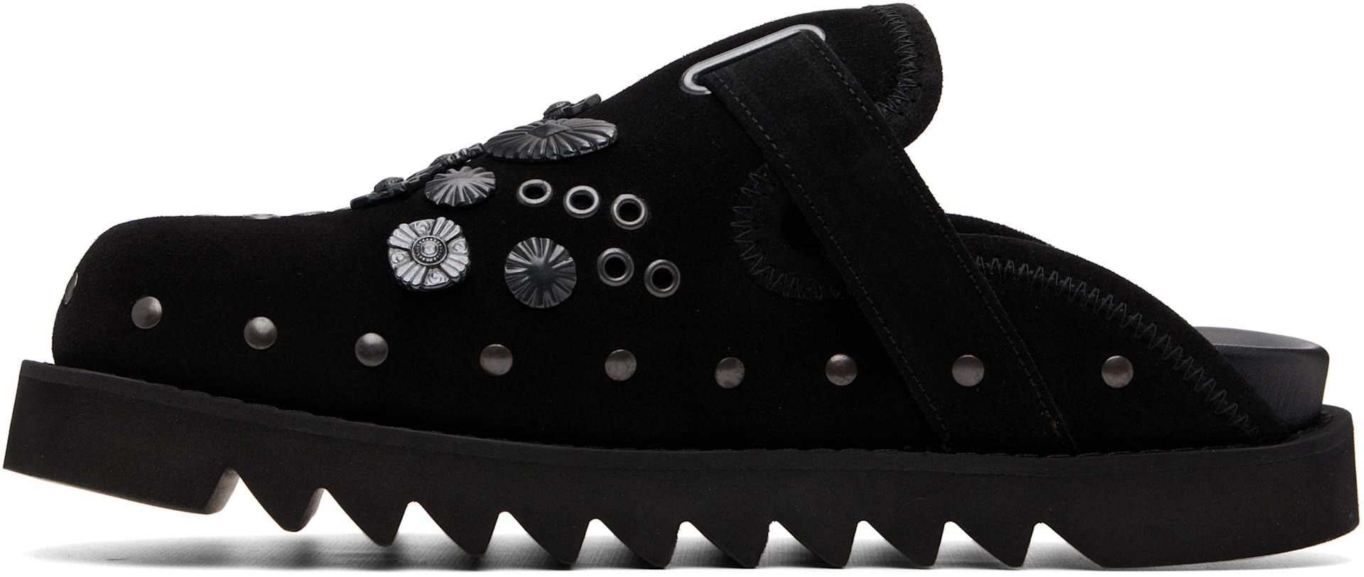 靴 TOGA VIRILIS EYELET L SABOT 41 Toga Virilis: Black Eyelet Metal Sabot Loafers | SSENSE