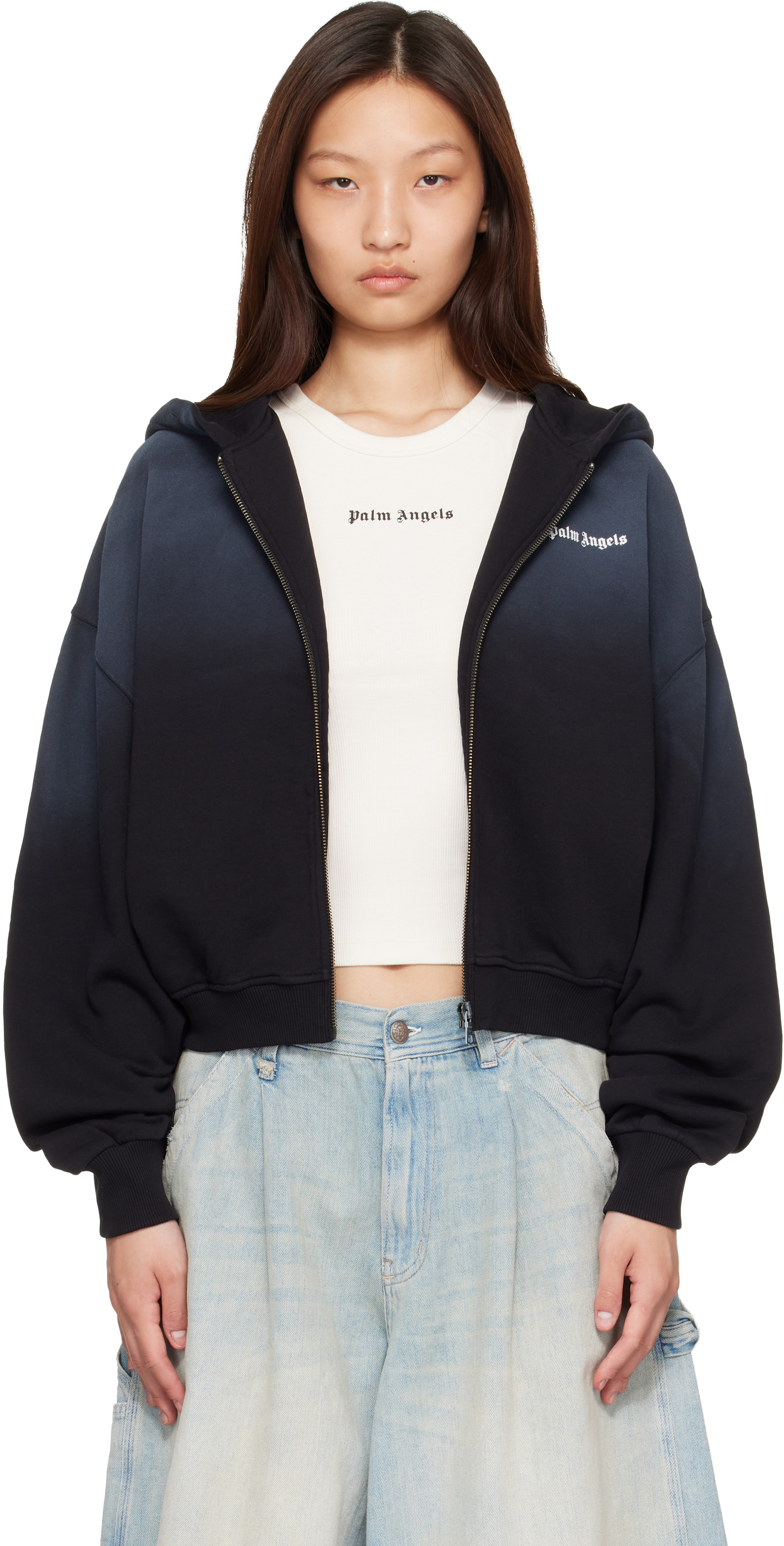 Palm Angels: Black 'Milan LA' Crop Zip Hoodie | SSENSE