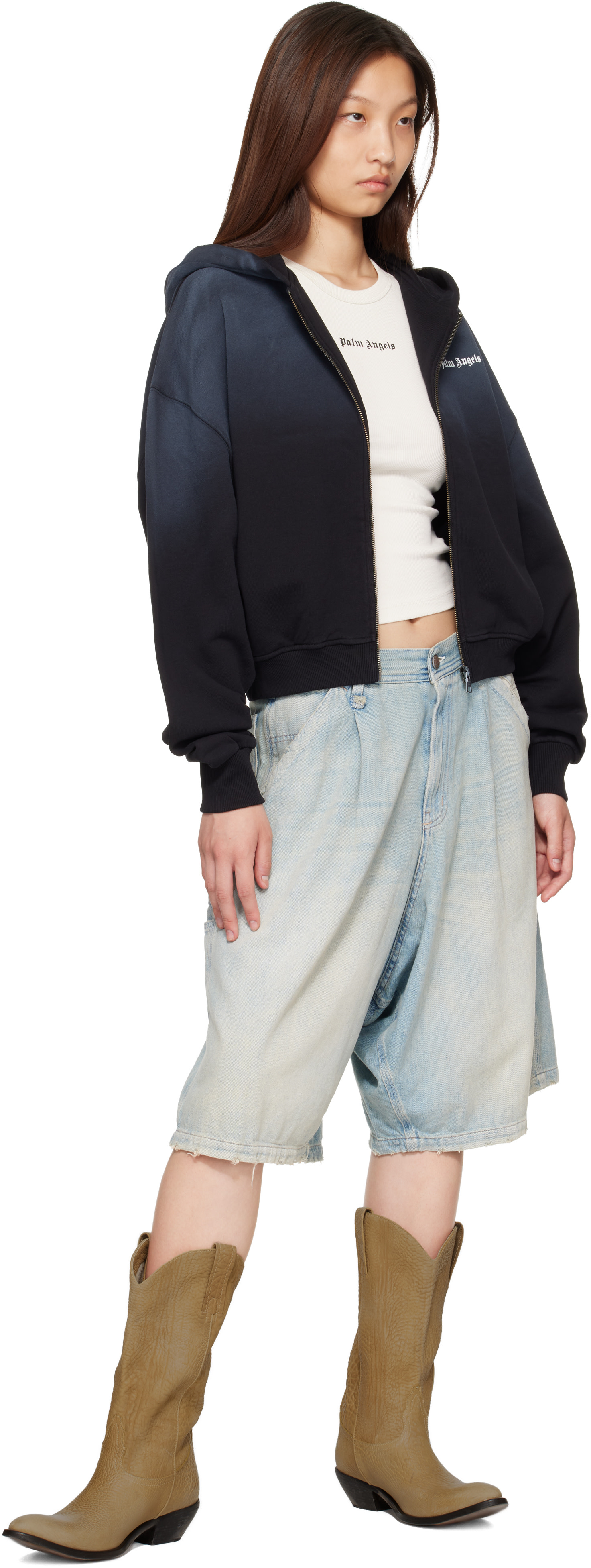 Palm Angels: Black 'Milan LA' Crop Zip Hoodie | SSENSE
