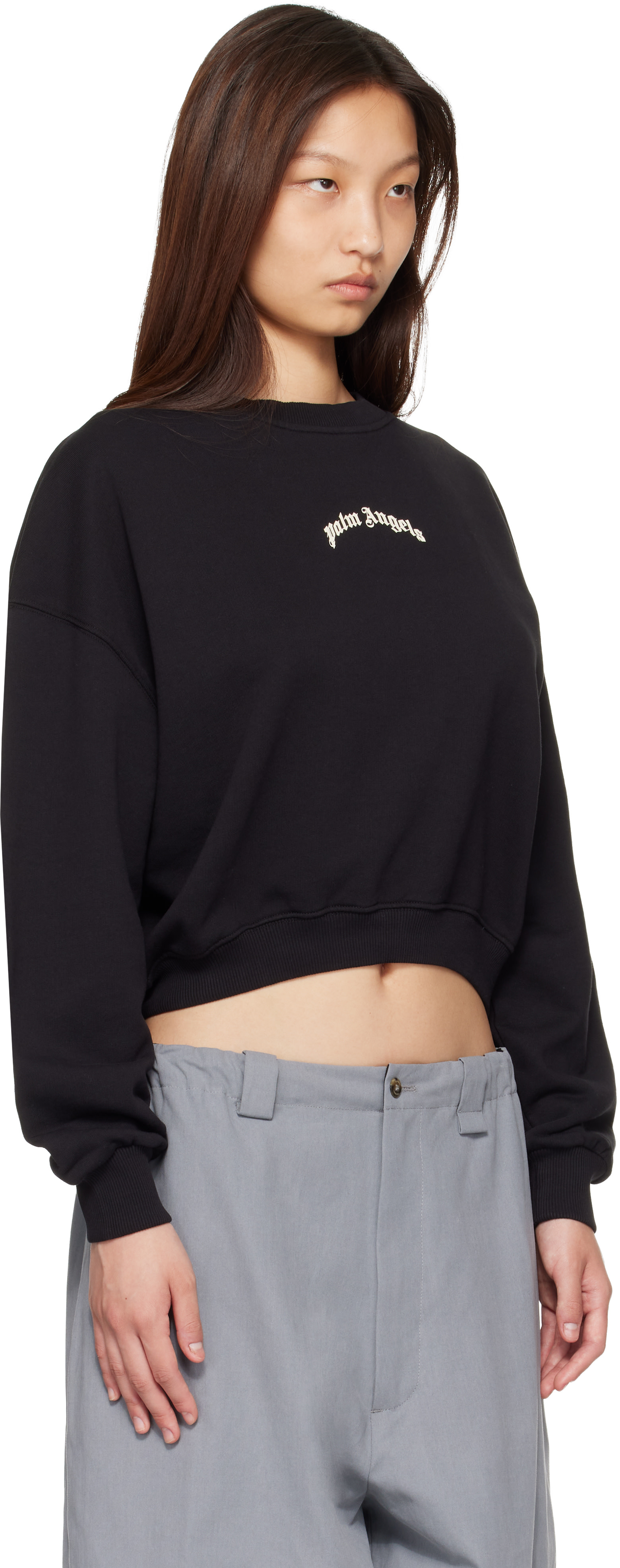 Palm Angels - Pull molletonné écourté noir à logo incurvé