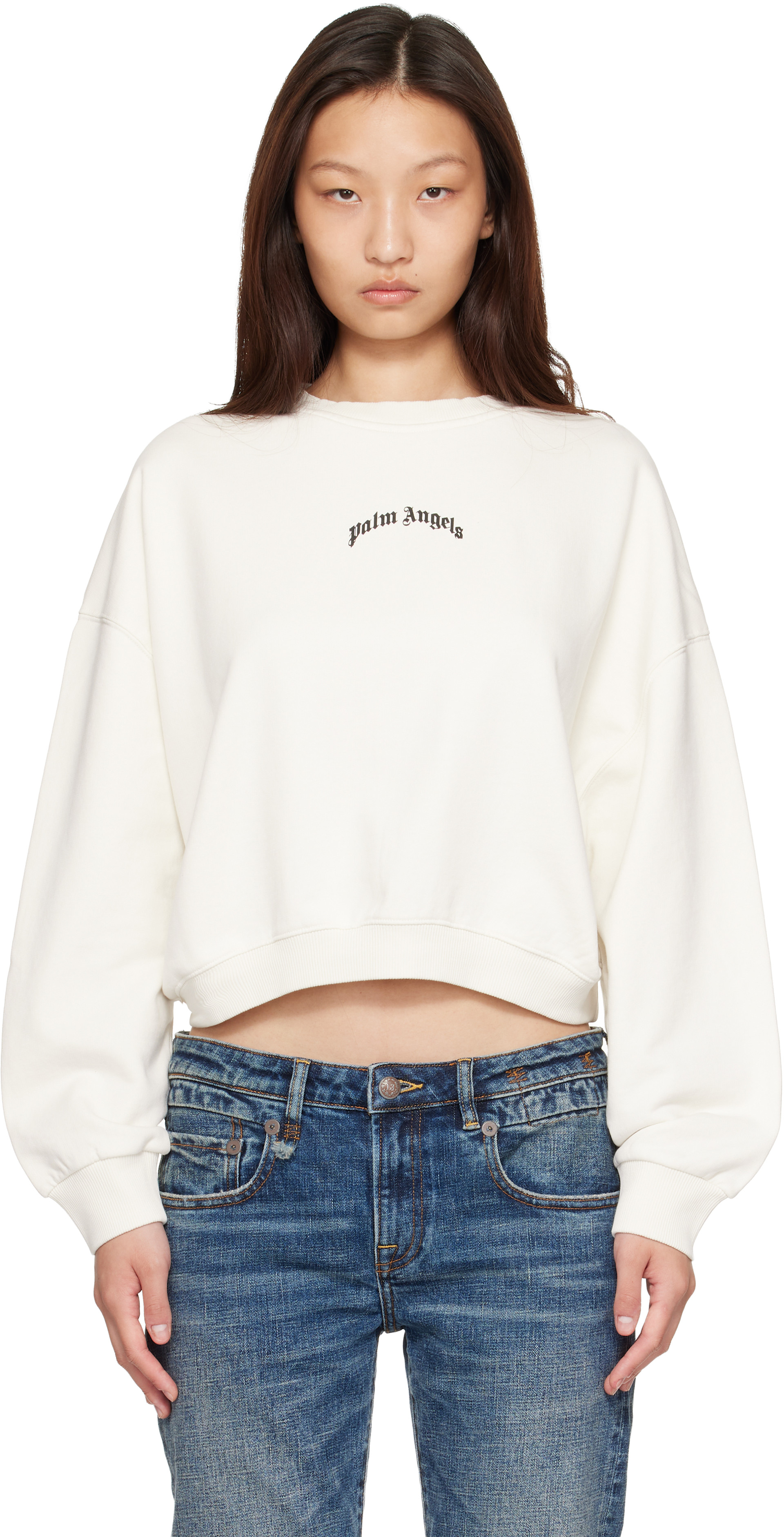 Palm Angels - Pull molletonné écourté blanc cassé à logo incurvé