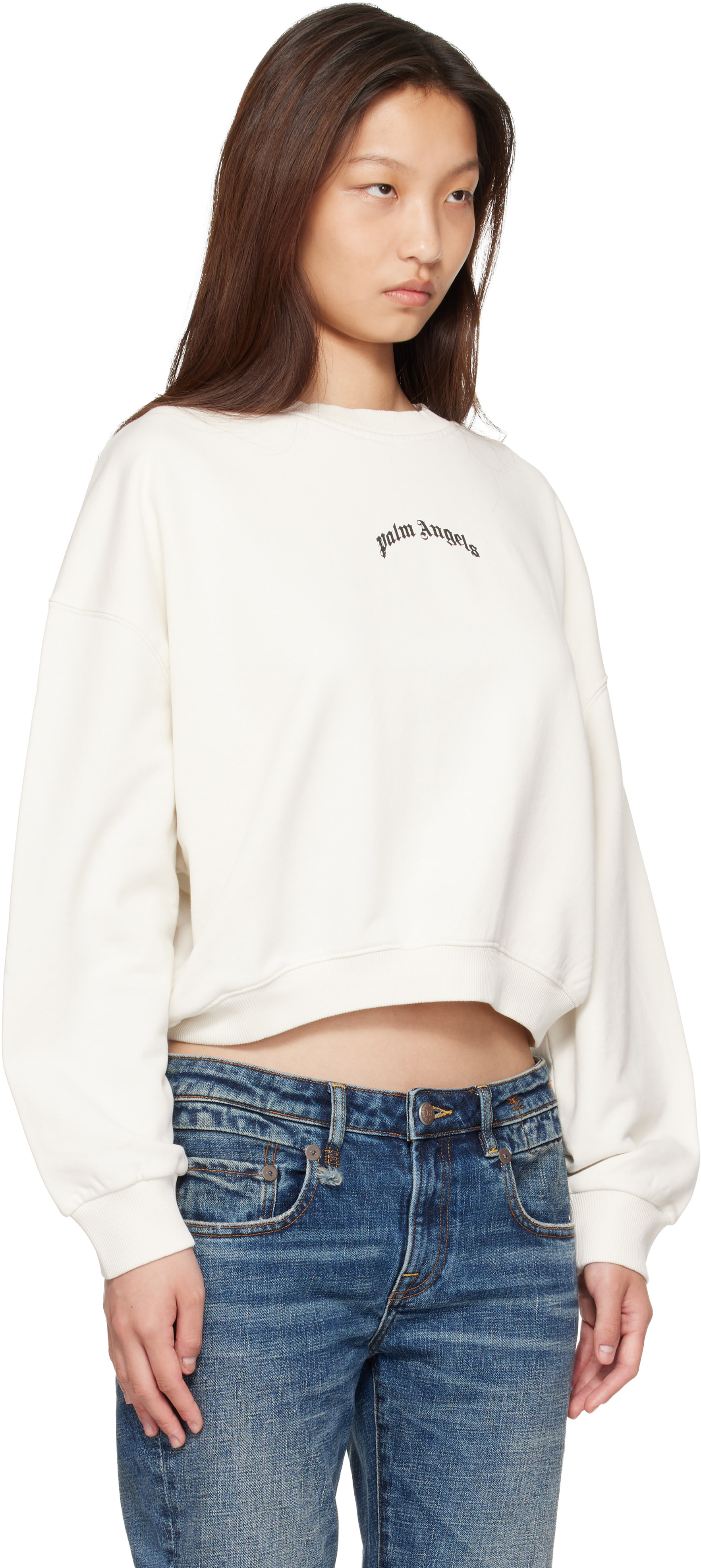 Palm Angels - Pull molletonné écourté blanc cassé à logo incurvé