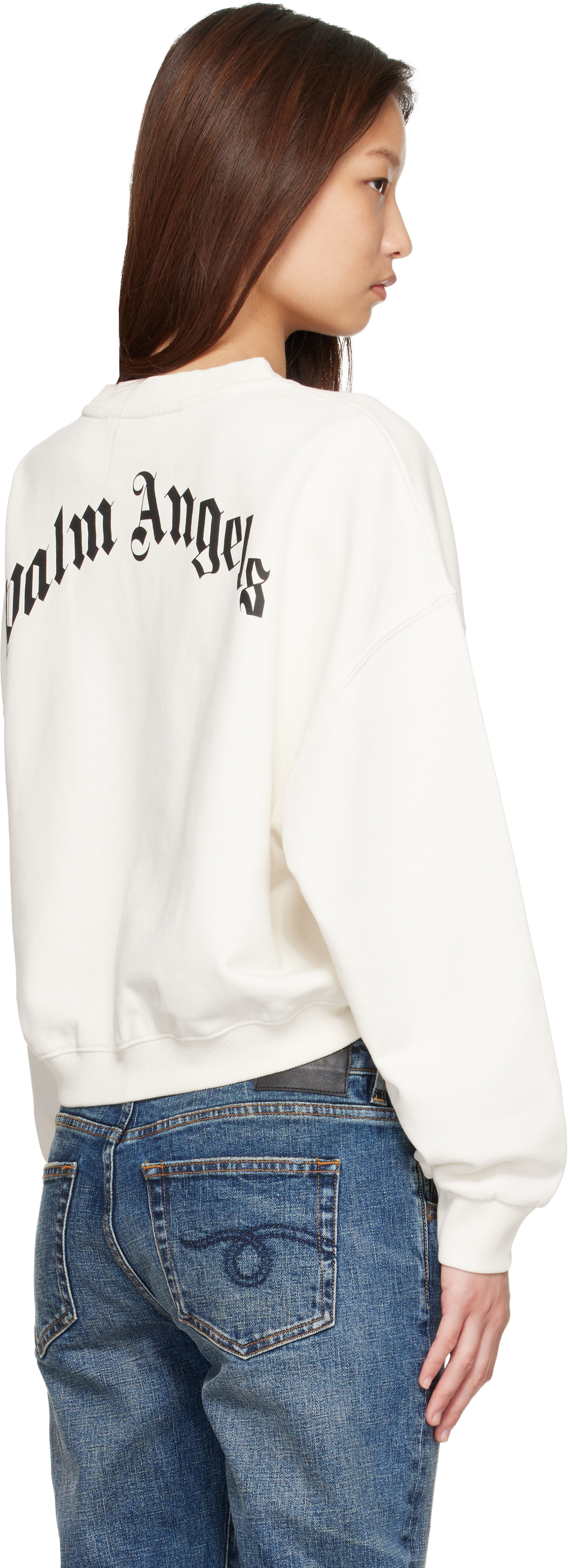 Palm Angels - Pull molletonné écourté blanc cassé à logo incurvé