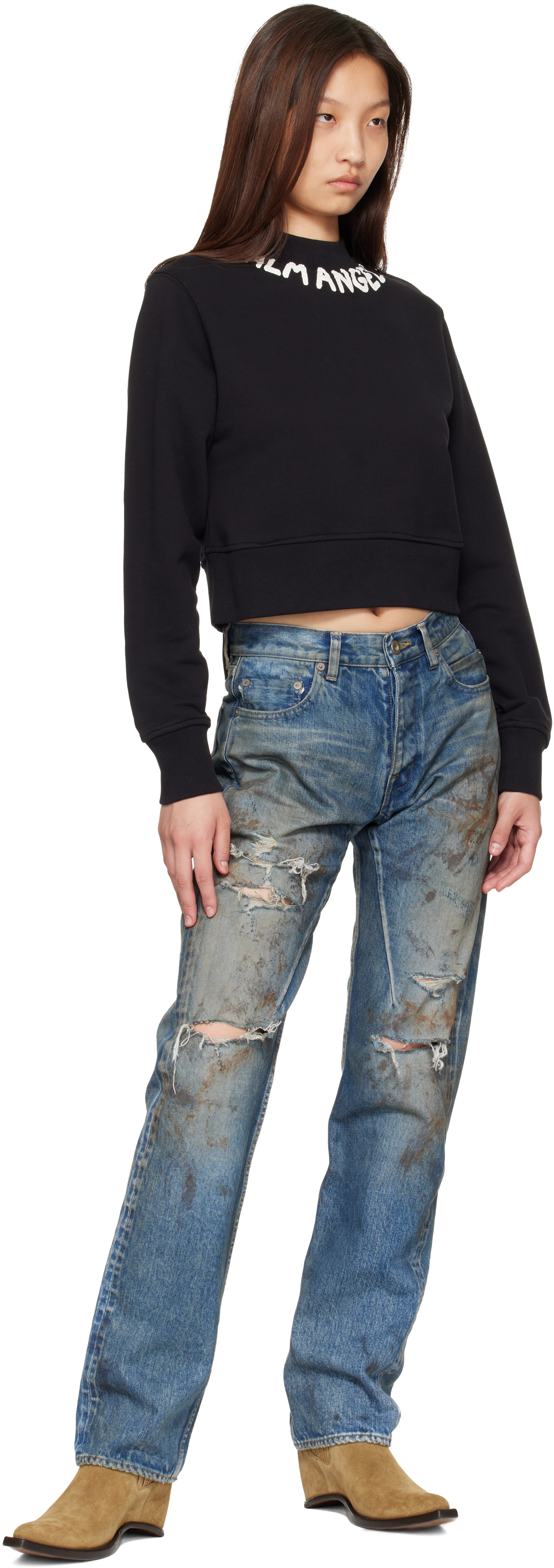 Palm Angels - Pull molletonné ajusté noir à logo à l'encolure