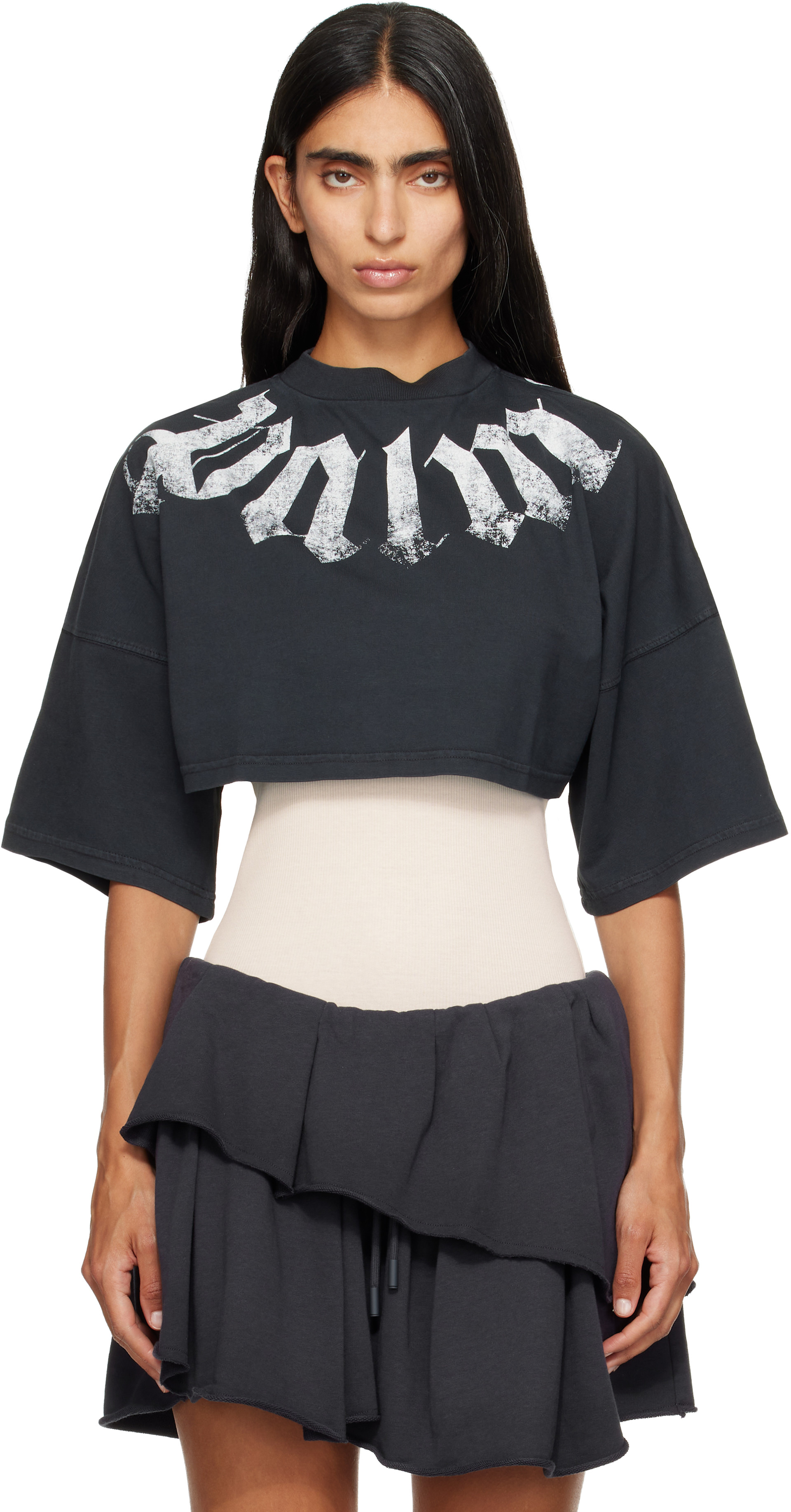 palm Angels / シースルー 長袖カットソー オフネックC175 Palm Angels: Black Big Neck Logo Mini T-shirt | SSENSE