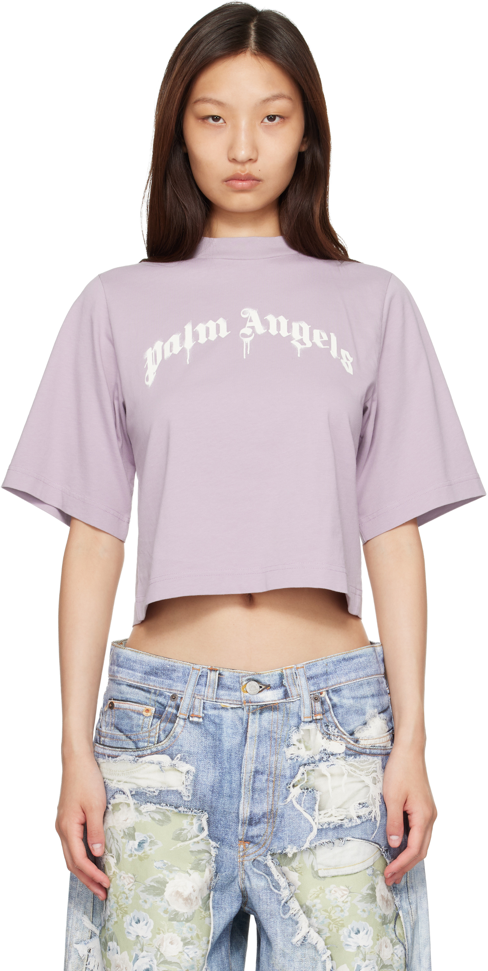 Palm Angels: パープル Dripping Curved Logo ボクシー Tシャツ 