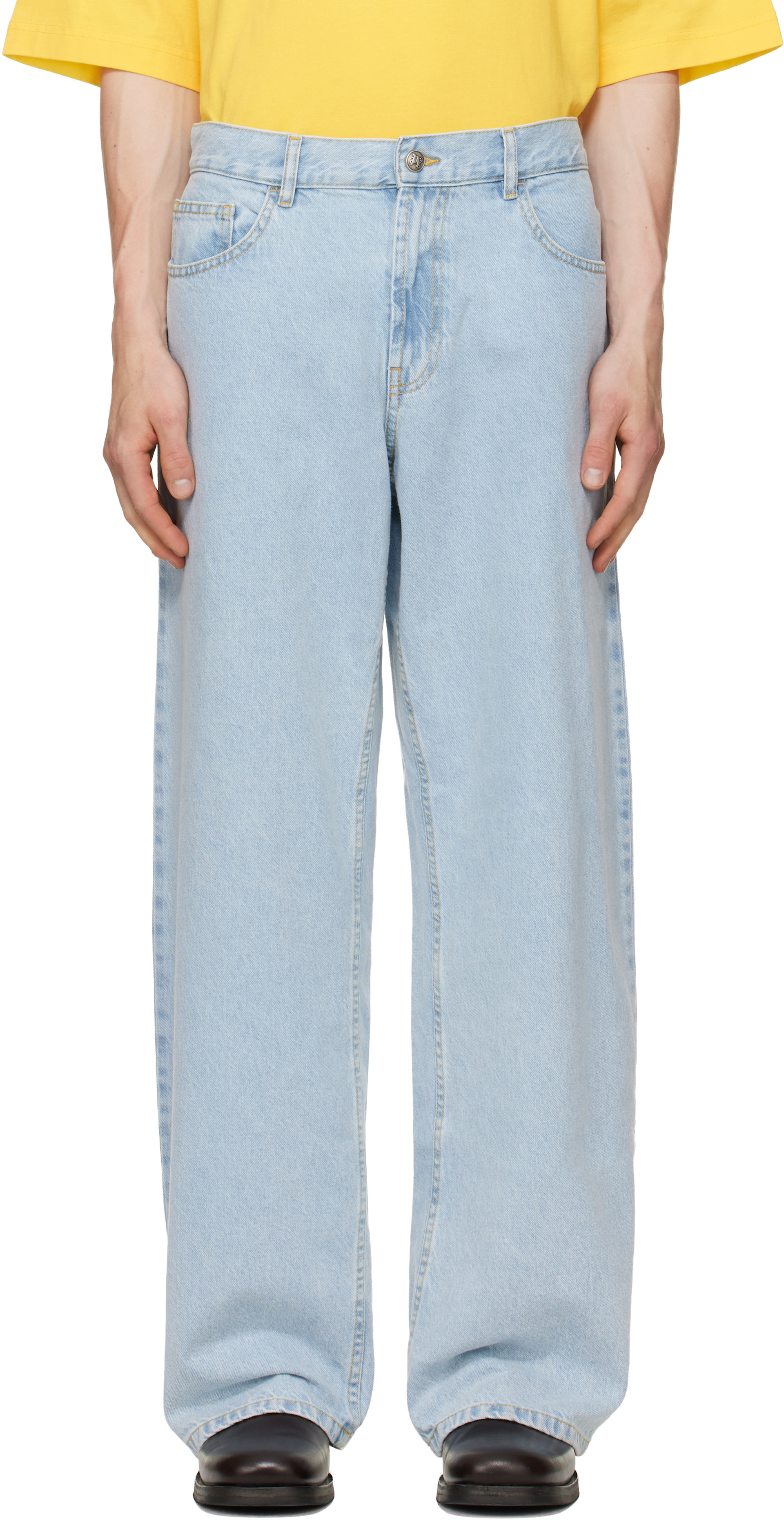 藍☆ ページ Palm Angels: ブルー カーブドロゴ ルーズジーンズ | SSENSE 日本