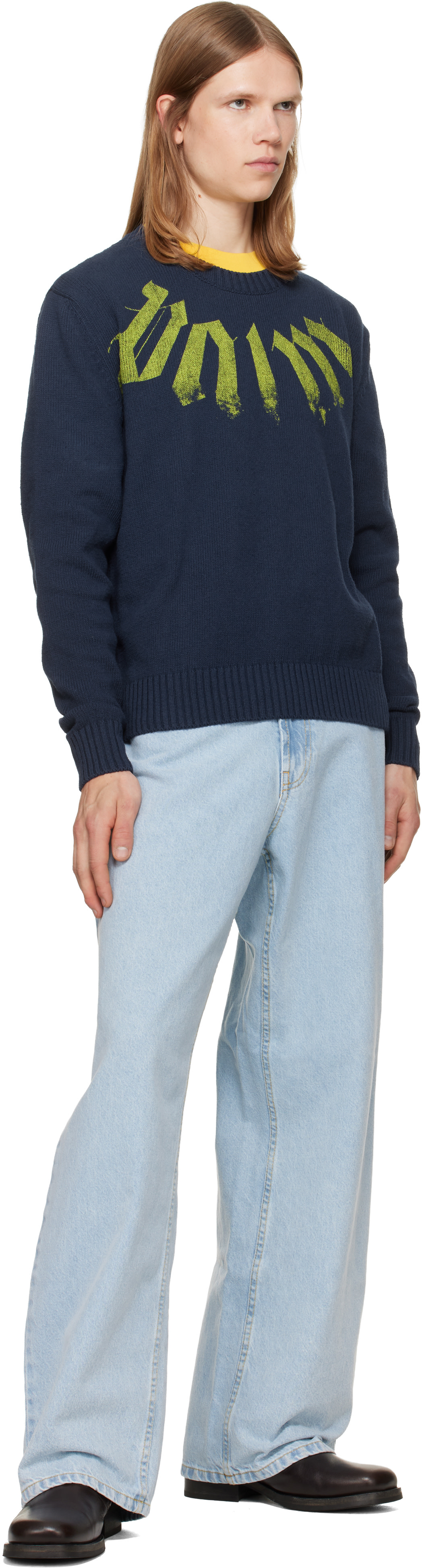 Palm Angels: Blue Curved Logo Loose Jeans | SSENSE